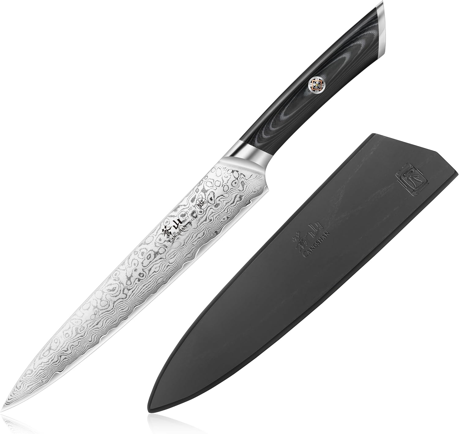 Cangshan KURO Series 8-Inch Carving and Sashimi Knife with Sheath, High Carbon X-7 Damascus Steel, 504227