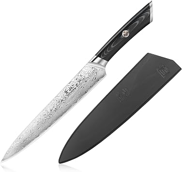 Cangshan KURO Series 8-Inch Carving and Sashimi Knife with Sheath, High Carbon X-7 Damascus Steel, 504227