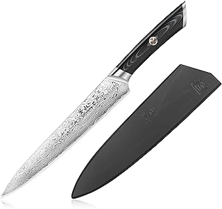 Cangshan KURO Series 8-Inch Carving and Sashimi Knife with Sheath, High Carbon X-7 Damascus Steel, 504227