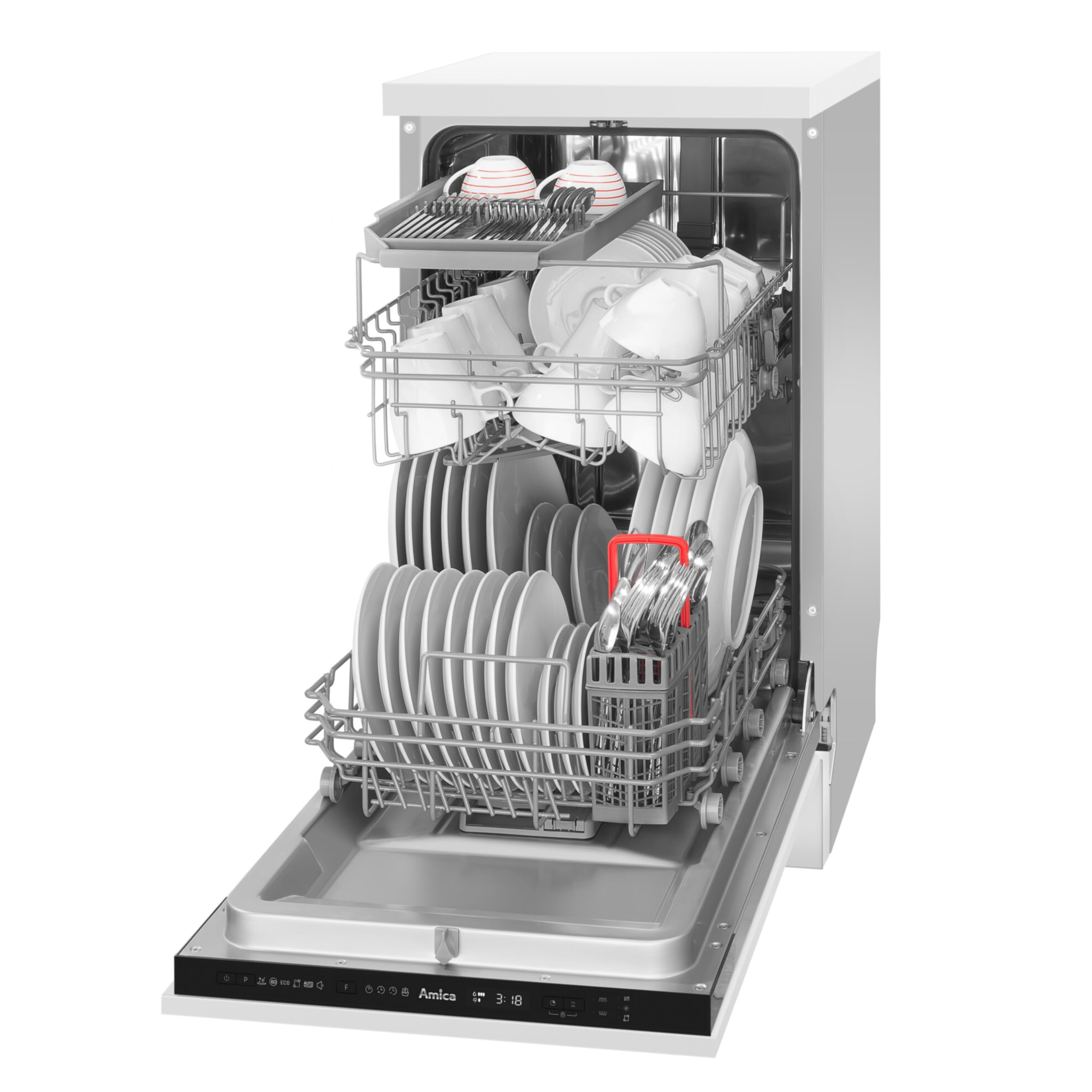 Amica Einbau Geschirrspüler 45 cm 10 Maßgedecke OpenDry EGSPV 586 901 | 6 Programme, SmartTray 1/2 Besteckschublade, Add+ Nachlegefunktion, AquaStopp, BlueDot+, Höhenverstellbarer Oberkorb