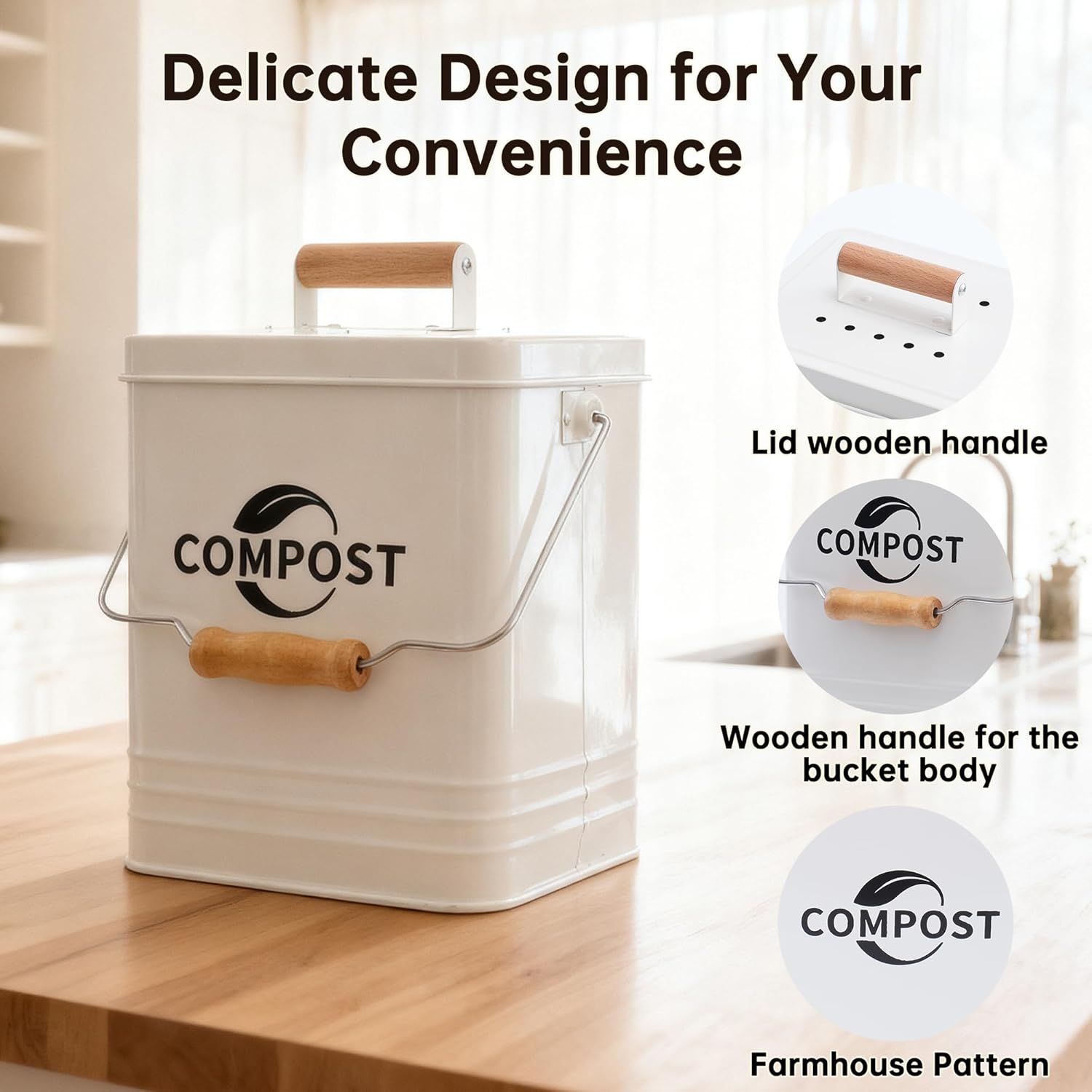 Kitchen Compost Bin, 1.7 Gallon Countertop Compost Bin with Lid and Charcoal Filter, Kitchen Composter for Food Waste, Rust Proof Indoor Bucket, White