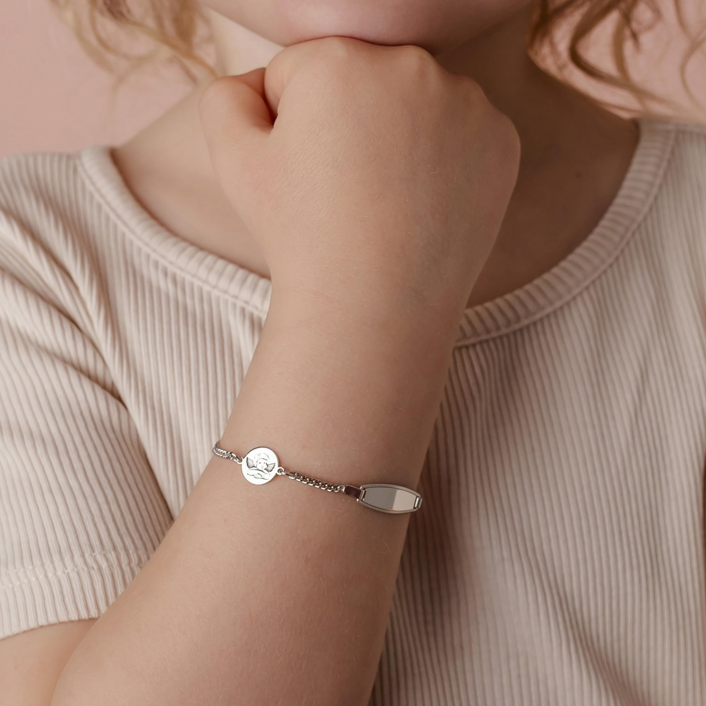 Bracciale Bambino in Argento 925 con Angelo e Targhetta Personalizzabile – Idea Regalo Nascita, Battesimo, Comunione