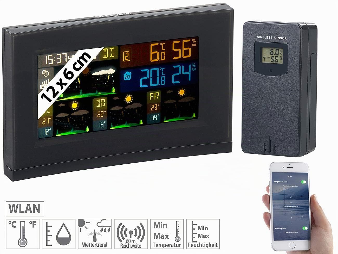 infactory Wetterstation WiFi: WLAN-Funk-Wetterstation mit Außensensor, Wettertrend & Datenlogger-App (Uhr, mit Aufzeichnung, Außensensoren)