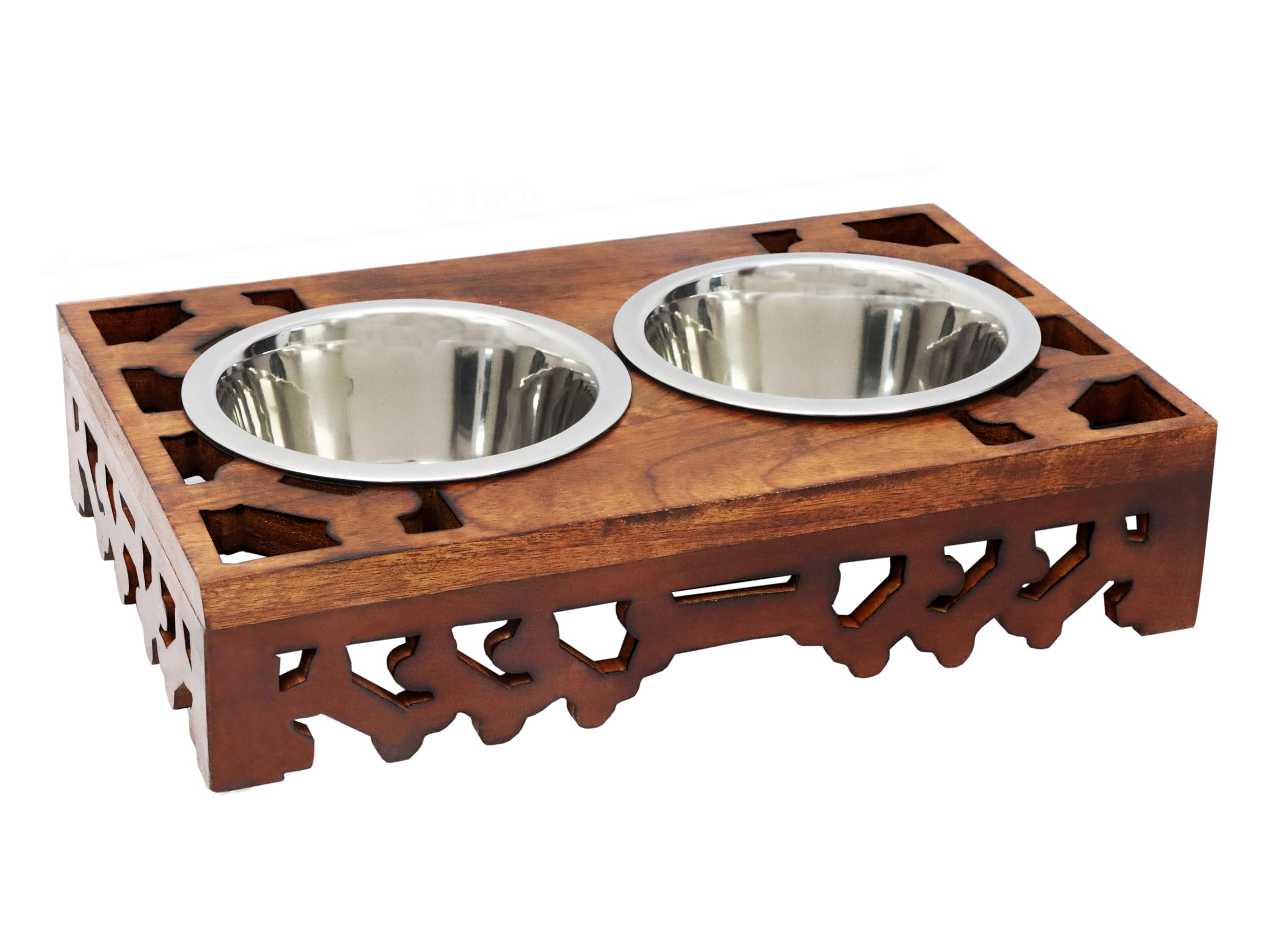 Elevated Pet Feeder for Dogs and Cats - Hand Carved Wood Bones Raised Dog Bowl Stand - Pet Feeding Stand with Two Steel Bowls - Raised Dog Bowl for