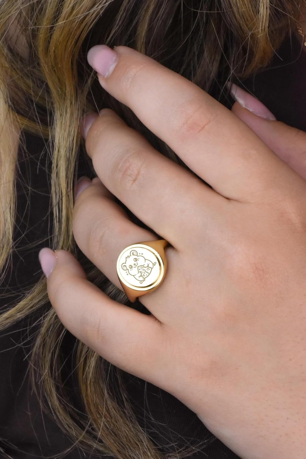 hamster signet ring| small pet jewelry| rodent lover gift| animal engraved keepsake jewelry| gold plated brass |KB_SBRG_00523