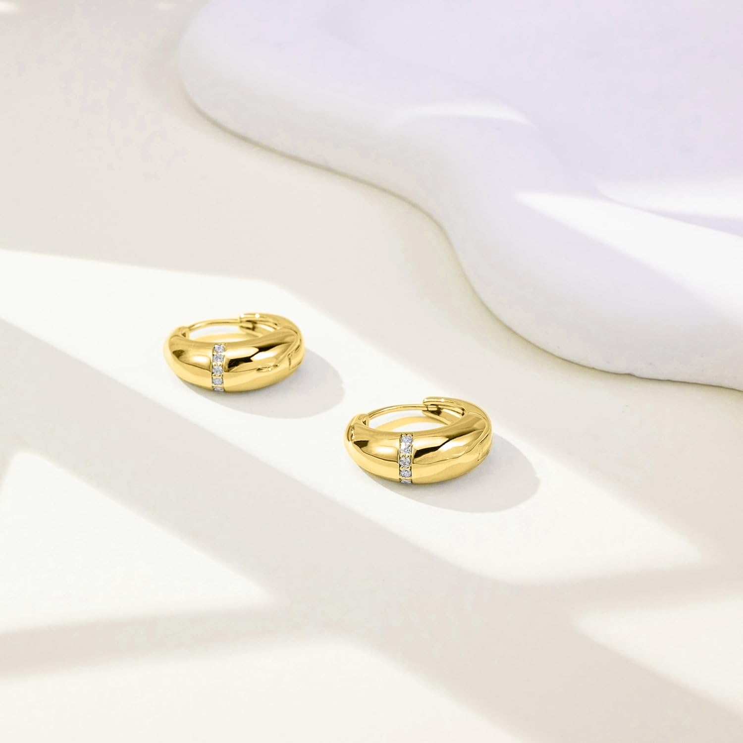 Chunky Hoop Earrings for Women with CZ Thick Hoop Earrings with 925 Sterling Silver Ear Posts 14k Real Gold Plated Hoop Earring for Daily Wear - Image 2