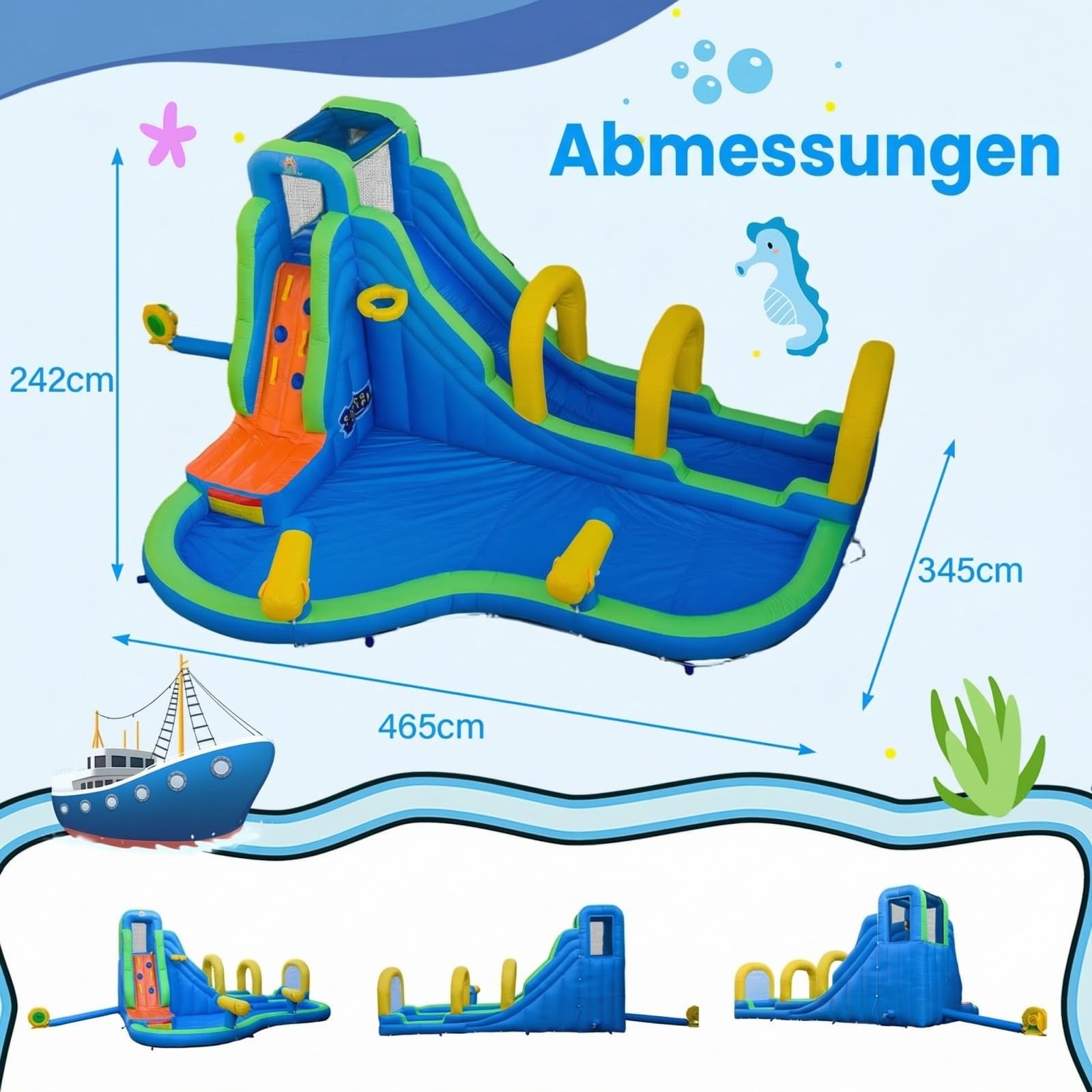 COSTWAY Hüpfburg mit Rutsche, Planschbecken, Kletterwand, Basketballkorb & 2 Wasserkanonen, Wasserhüpfburg für Kinder, Wasserpark für Außenbereich, 465 x 345 x 242 cm