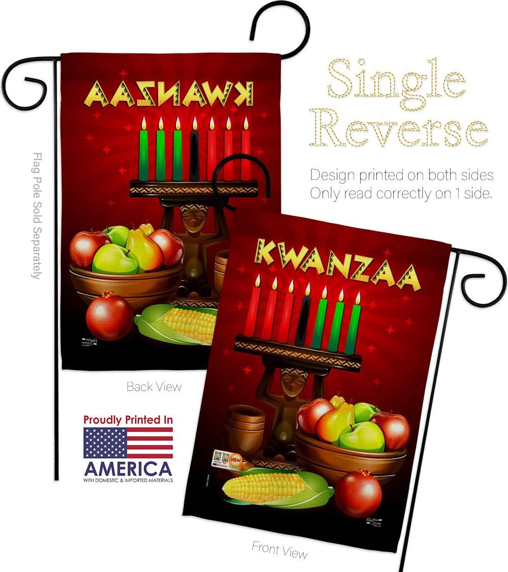 Greeting Kwanzaa Garden Flag Set Wood Dowel Black History Kinara Candles Celebrates African Americans Heritage Small Decorative Gift Yard House Banner Made In USA 13 X 18.5