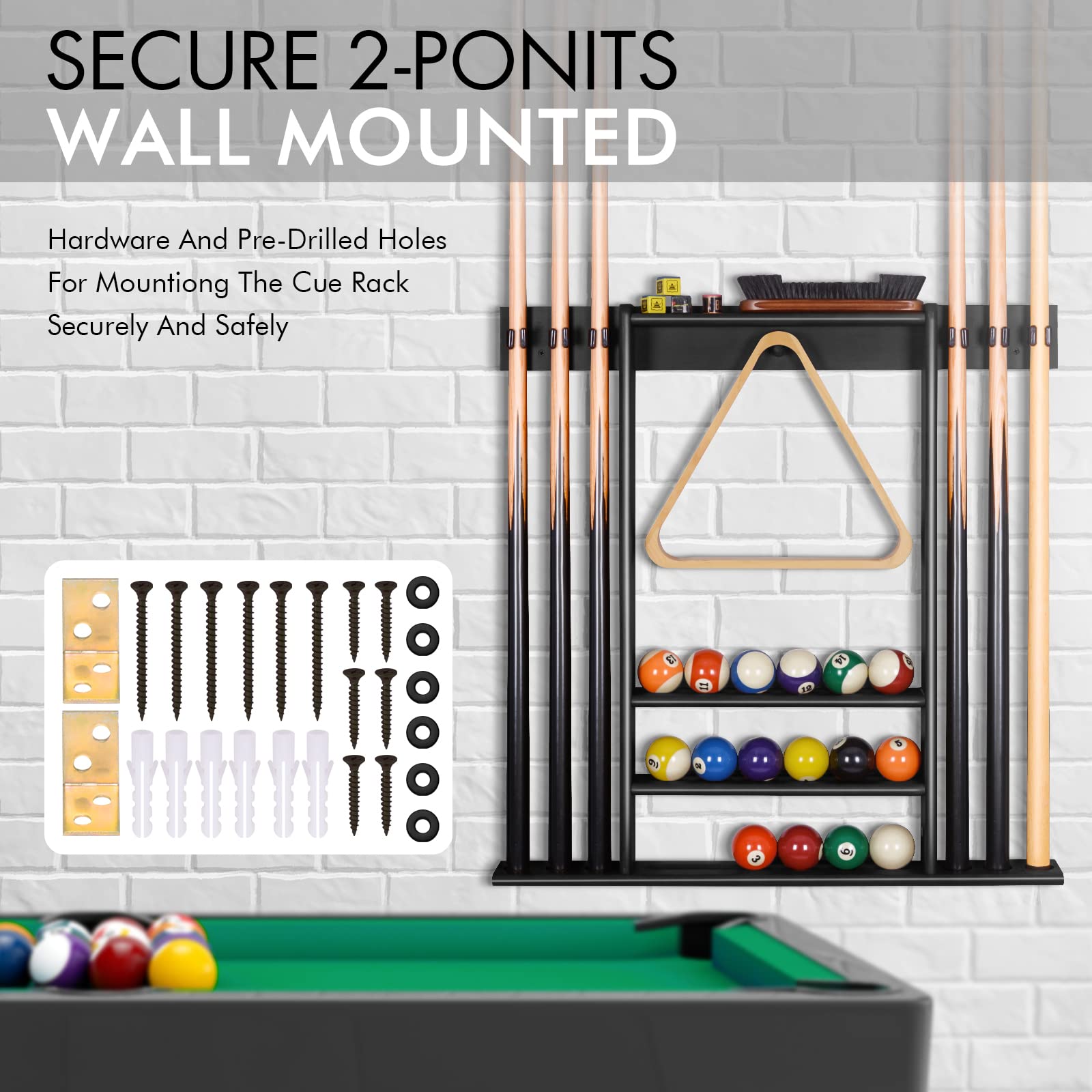 Support de Queue de Billard Mural Bois Massif 6 Trous 15 Porte-balles