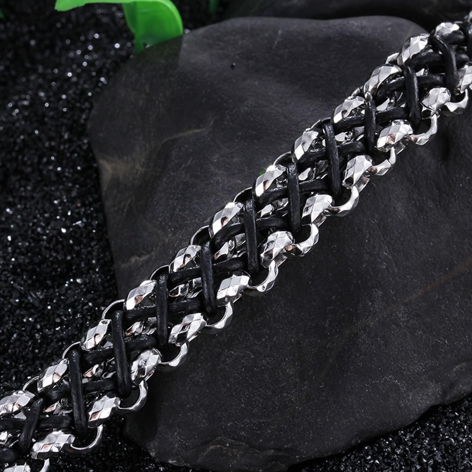 Bracciale Catena Uomo Argento Nero,Bracciale da Uomo Acciaio Inossidabile Catena e Pelle Bracciali Uomo 23 CM