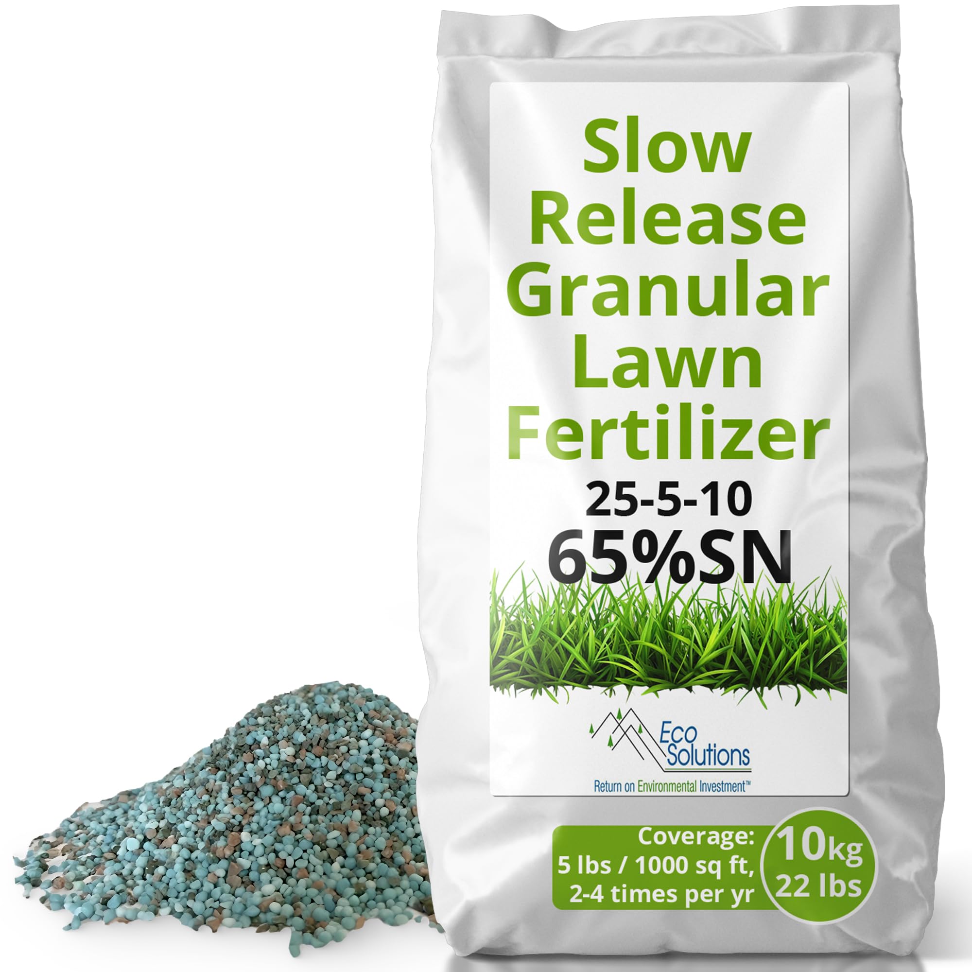 Slow Release Lawn Fertilizer 25-5-10 NPK - 65% Granular Nitrogen Formula for Deep Feeding up to 110 Days - 10kg (22lbs) Bag - Kid & Pet Safe Lawn Care for Lush Green Grass
