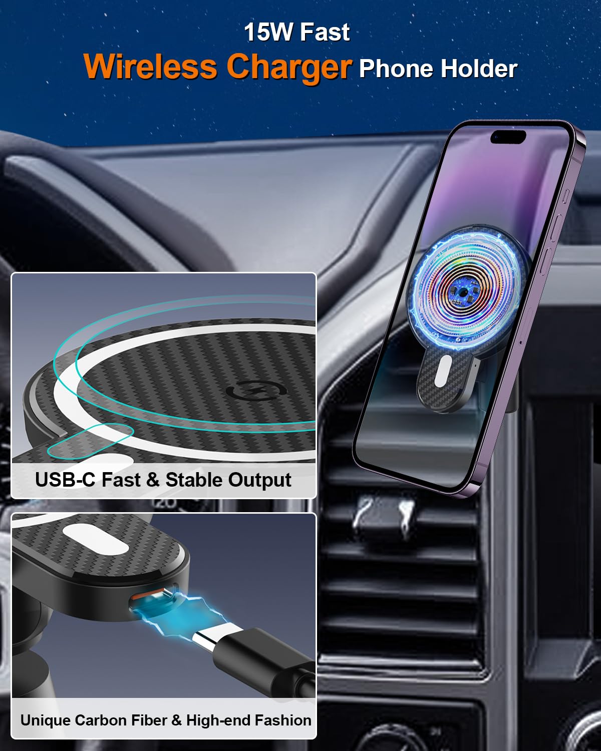 Soporte de teléfono de coche para Ford F-150 2015 2016-2018 2019 2020, accesorios personalizados para rejilla de ventilación de coche, soporte magnético de 15 W, cargador inalámbrico rápido, manos
