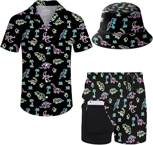Nhjk Neon Dinosaur Men'S Hawaiian Matching Set Shirt And Short Beach Casual Rave