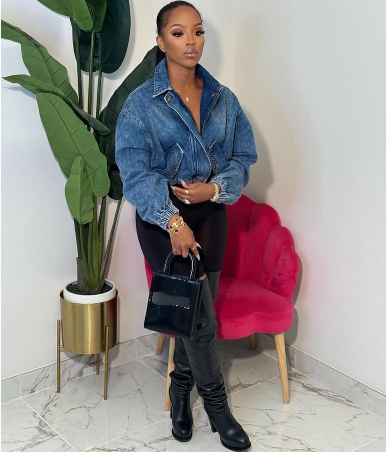 Molilove Cropped Jean Jackets for Women Long Sleeve Lapel Neck Zipper Up Varsity Jackets Denim Bomber Coats with Pockets - Image 3