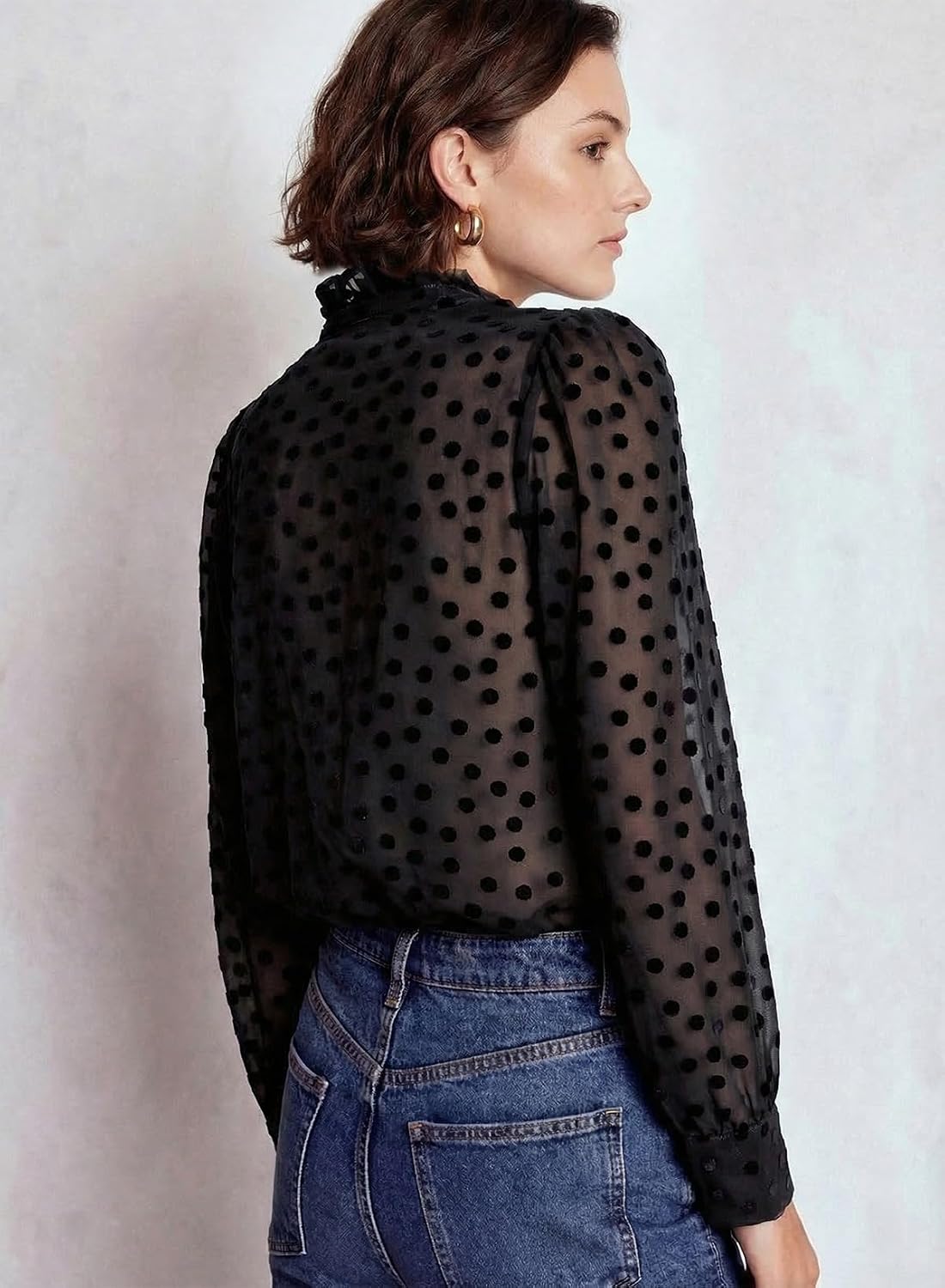 Astylish Womens Dressy Button Down Polka Dot Tops Trendy V Neck Sheer Mesh Long Sleeve Ruffle Trim Blouse Shirts