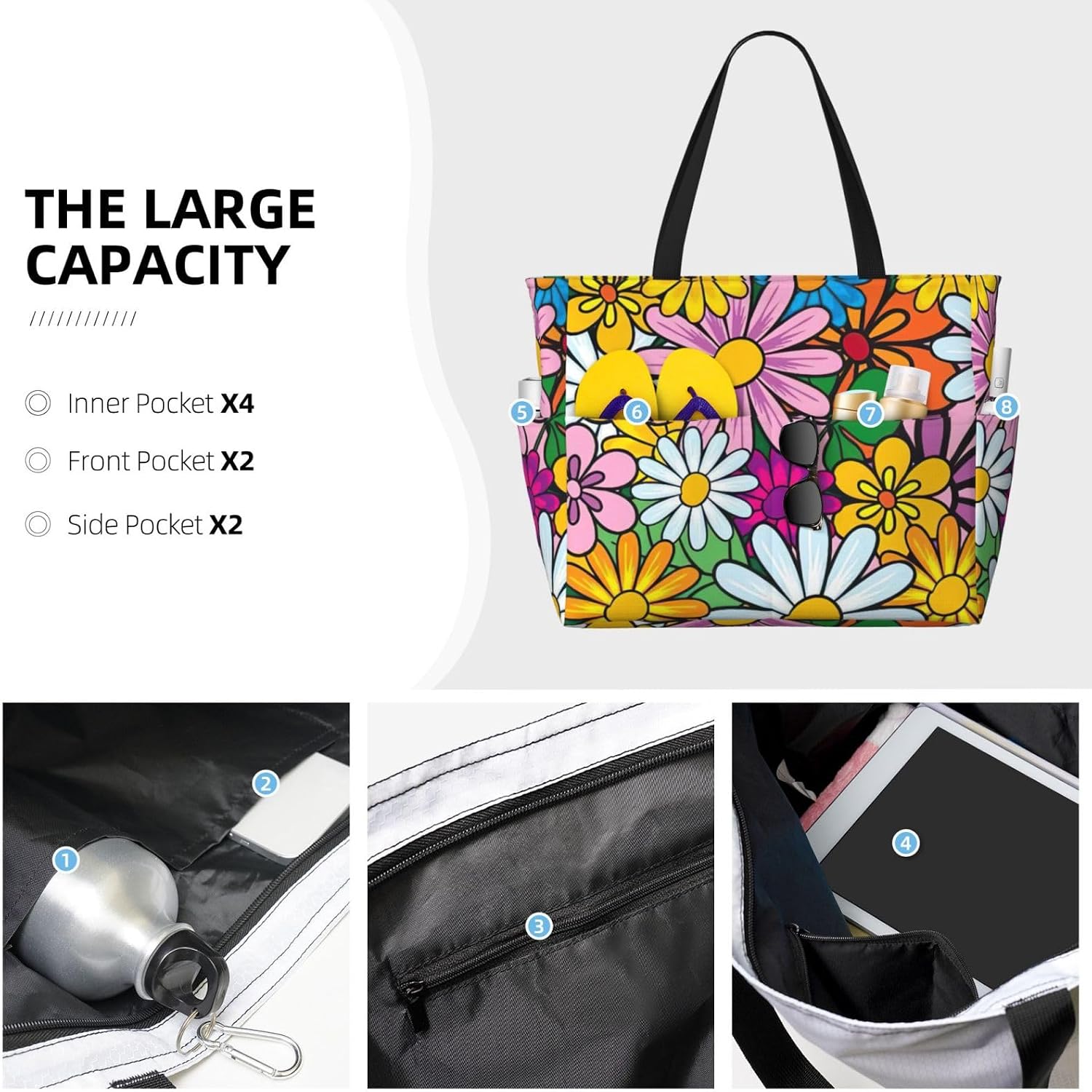 Cartoon cute flowers Print Large Capacity Beach Travel Bags with Zipper and Pockets for Travel Vacation Fitness
