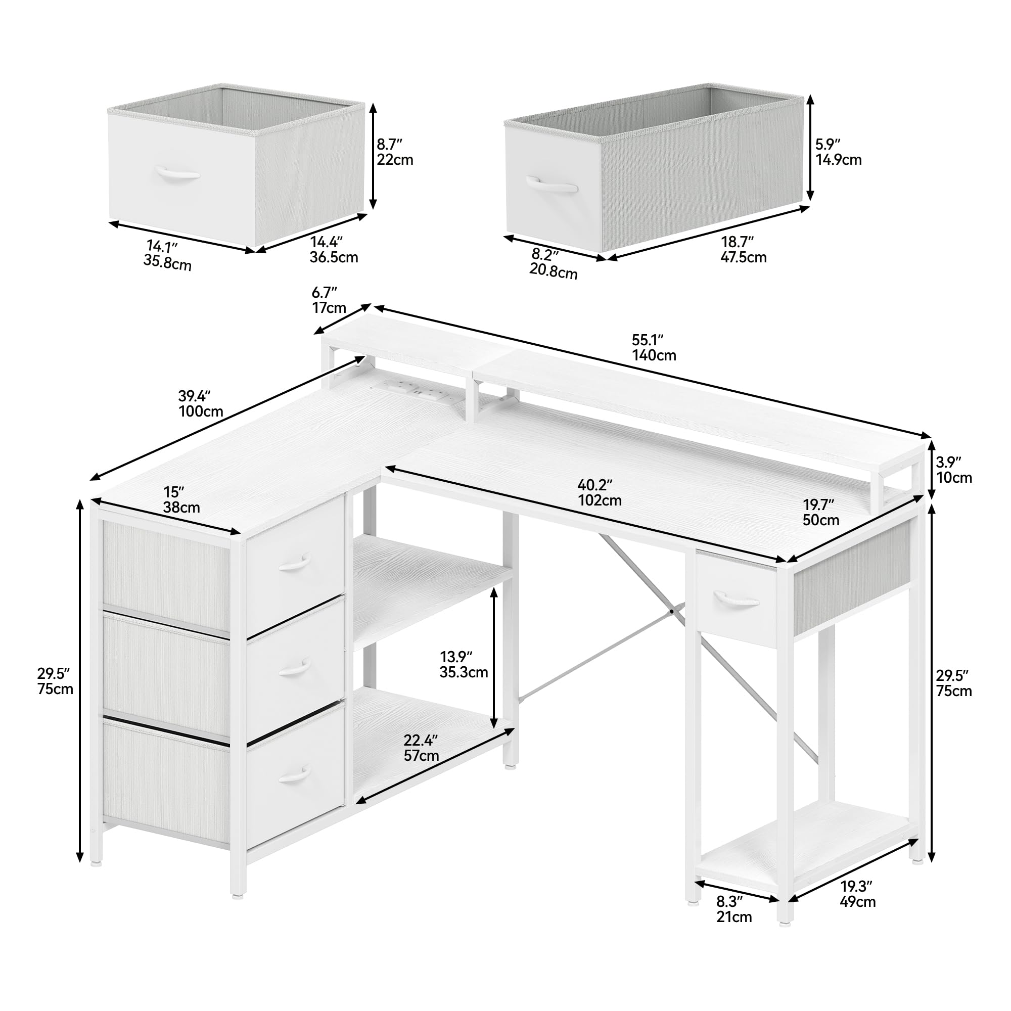 YITAHOME L Form Schreibtisch mit USB Ladeanschluss und Steckdose,Reversible Eckschreibtisch mit 4 Schubladen und Regal,Gaming Schreibtische mit Monitorständer,140x100 cm Computertisch für Büro,weiß