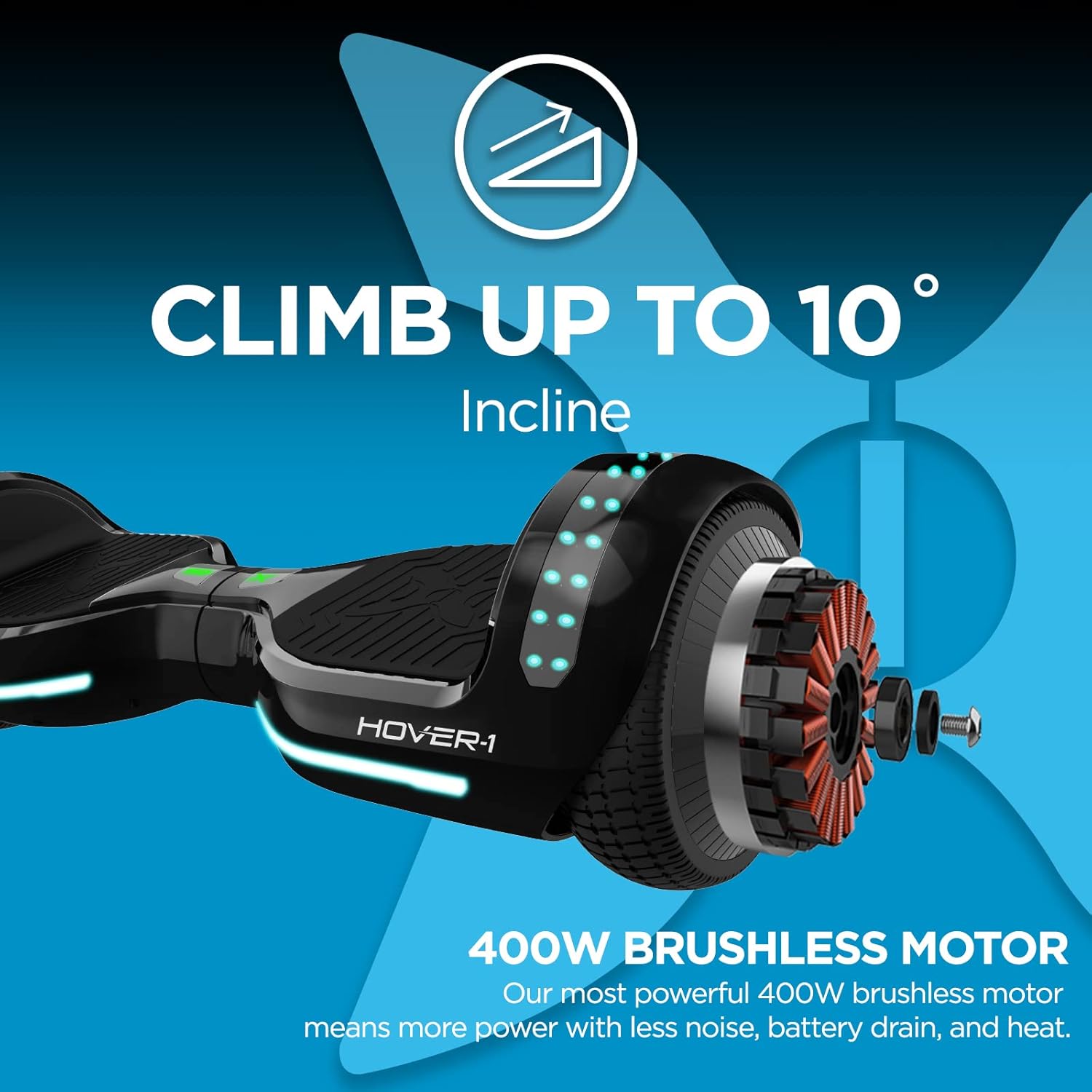 Hover-1 Origin Electric Self Balancing Scooter showing a 10-degree incline and 400W brushless motor