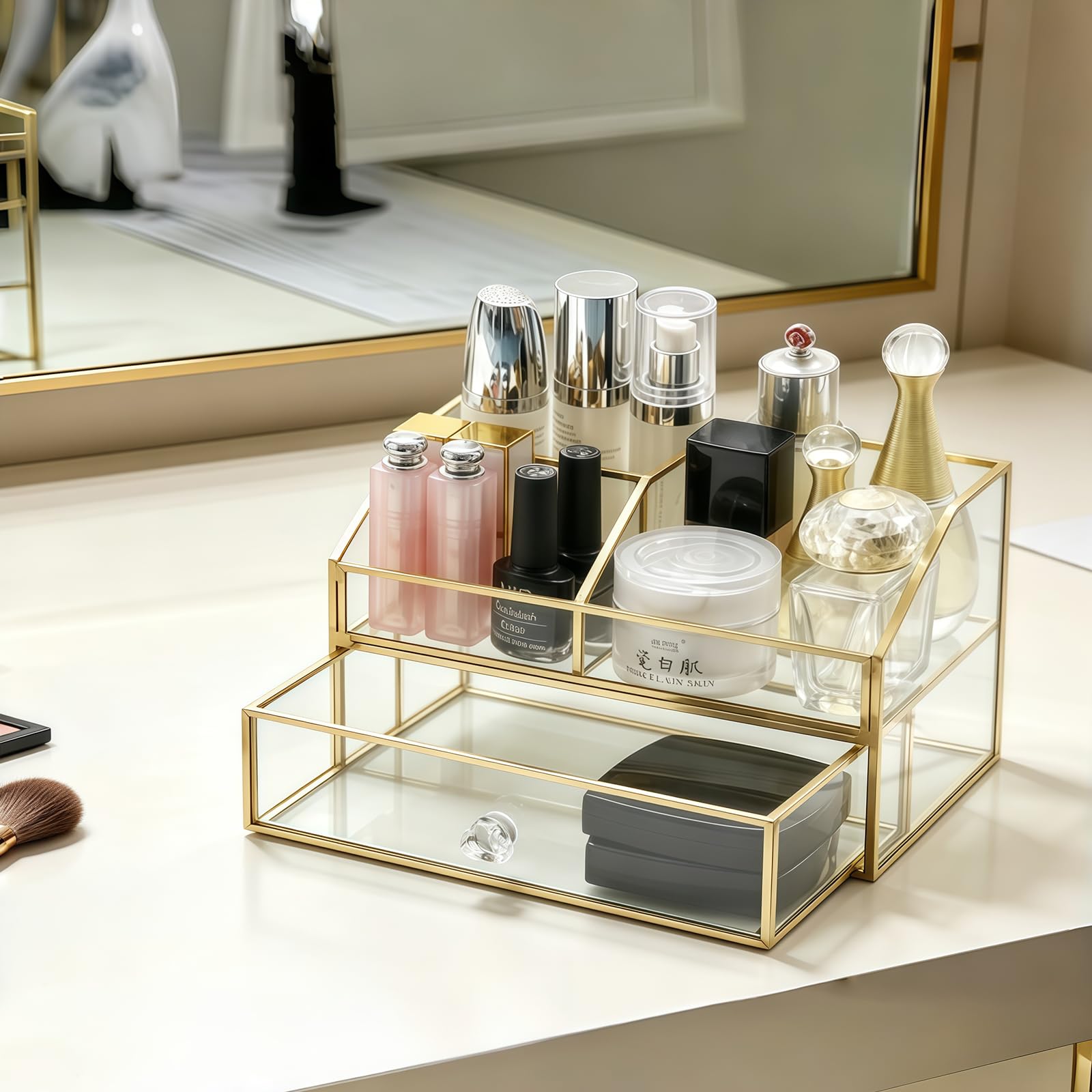 HARLIANGXY Porta Trucchi Organizer con Cassetti, Organizzatore di Trucco Trasparente, Contenitore per Cosmetici di Alta Qualità, Make up Organizer, Portaoggetti per Toeletta Oro