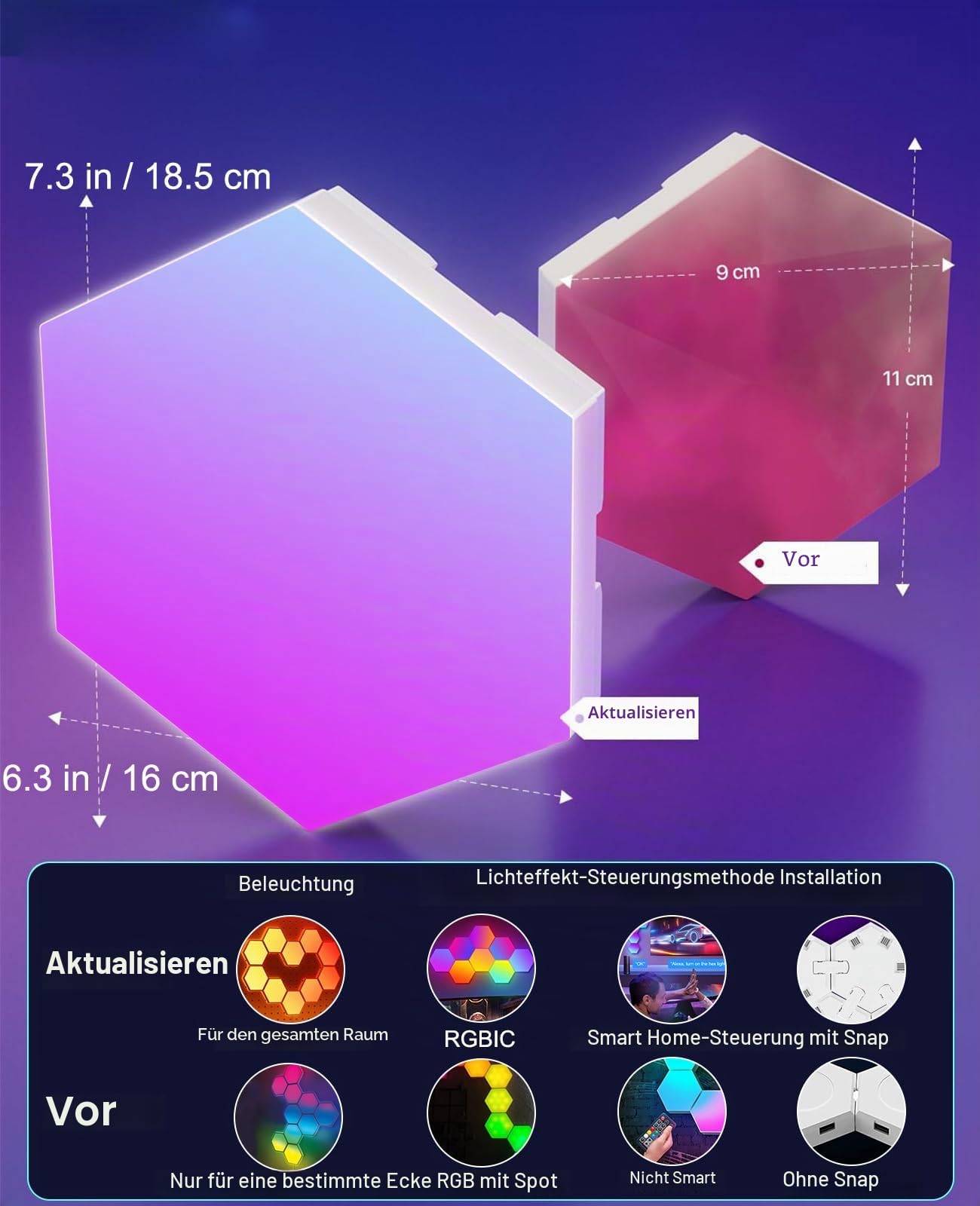 Hexagon LED Panel Große, Smart Home Gaming LED Sechseck Wandleuchte RGBIC Funktioniert mit Alexa Google Assistant, Sprach-/App-Steuerung, Musik-Sync, DIY Zimmer Deko für Gaming Wohnzimmer, 10 Paneele