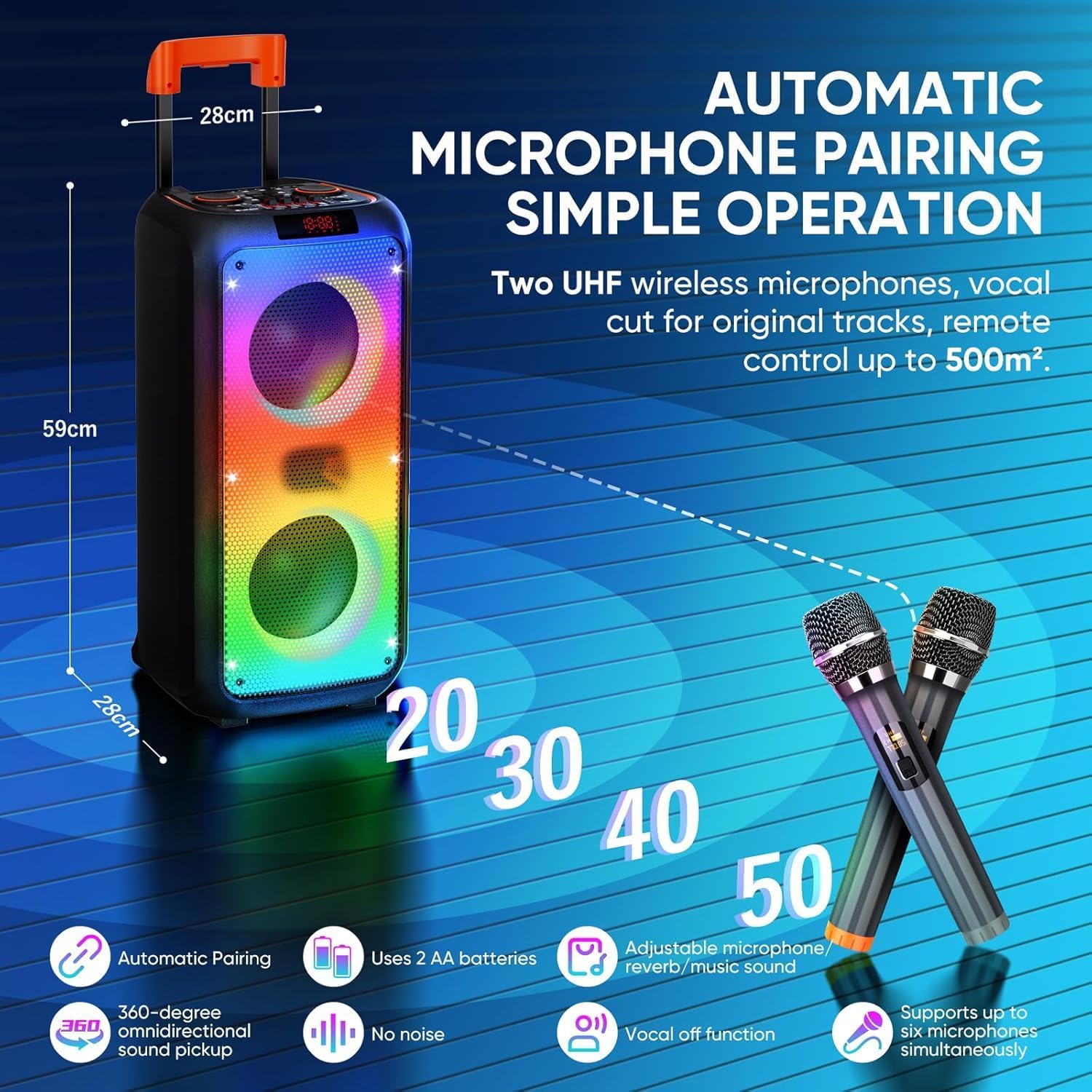 Karaoke Machine for Adults, Portable PA System Karaoke Machine Party Speaker with 2 Microphones, Supporting TF/USB/AUX, TWS & LED Mode for Home & Outdoor Parties (Black)