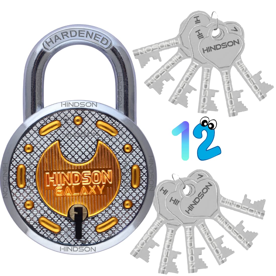 HINDSON Galaxy Round 65mm Lock | Metal Body | Double Locking | Hardened Shackle | 8 Steel Lever | 12 Silver Keys with Keychain | Silver and Gold Finsih | Made in India (B09YY9G177) Amazon Price History, Amazon Price Tracker
