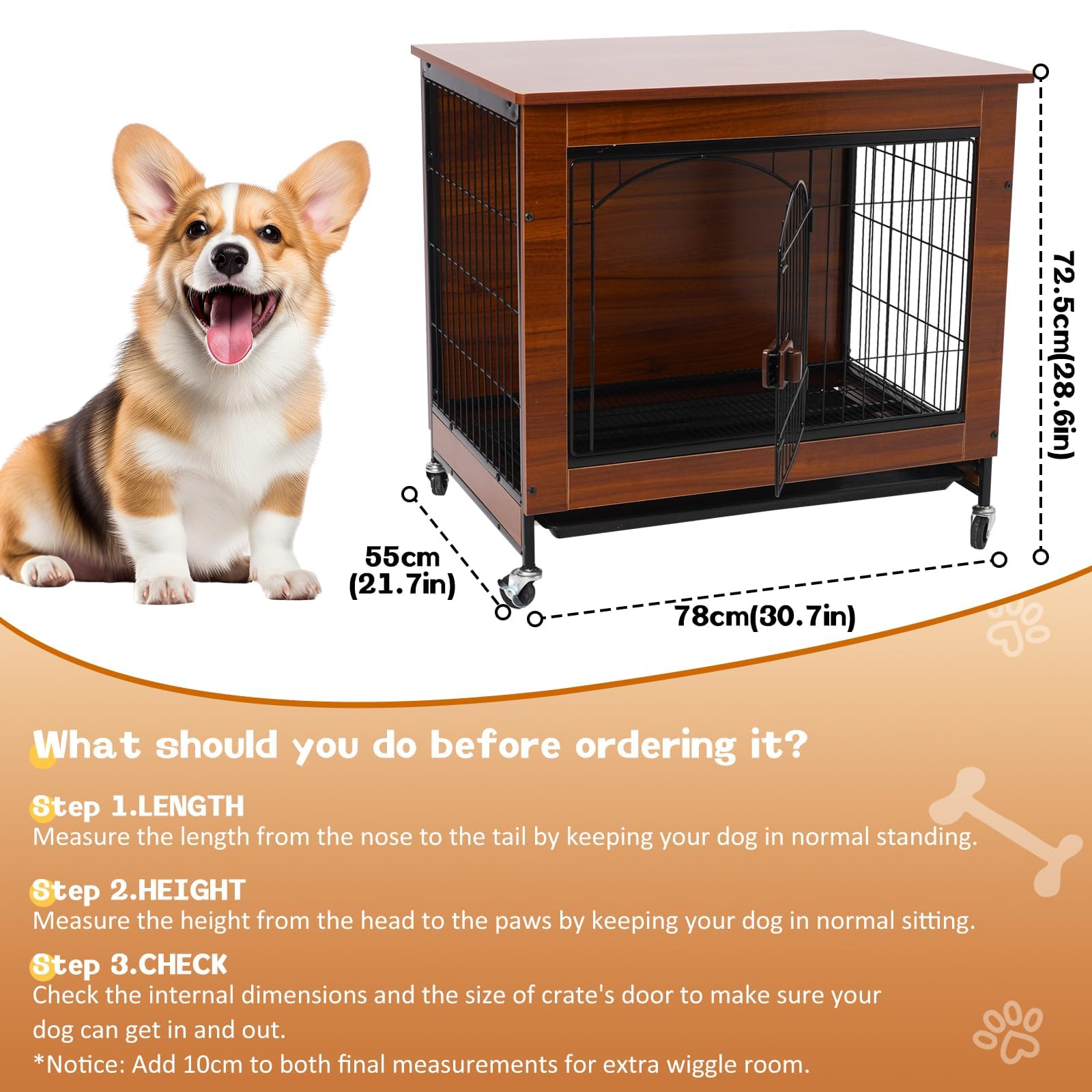 Gabbia per Cani a Stile Mobile, 78cm Casetta per Cani in Legno Moderno per Interni, Multifunzione con Ruote Universali & Vassoio Rimovibile, Adatta a Cani Piccoli/Medi, 78x55x73 cm, Marrone Vintage