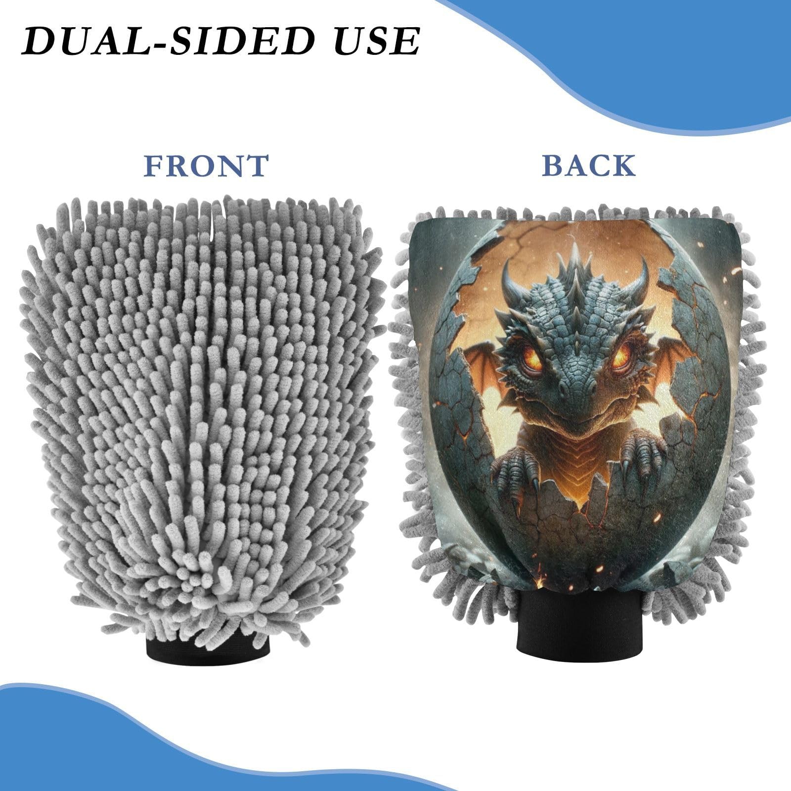 ALAZA Baby Dragon Car Wash Mitt Scratch Free, 2 Pack Absorbent Microfiber/Chenille Washing & Drying Mitts, M