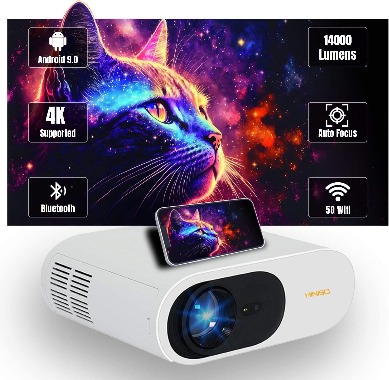 Hiniso Portable Projector For Home 14000 Lumens Autofocus Screen 