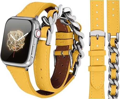 HANDODO Correa italiana de cuero genuino para mujer con cadena de acero inoxidable compatible con Apple Watch Ultra 2 Ultra 2 Ultra Series 10 9 8 7