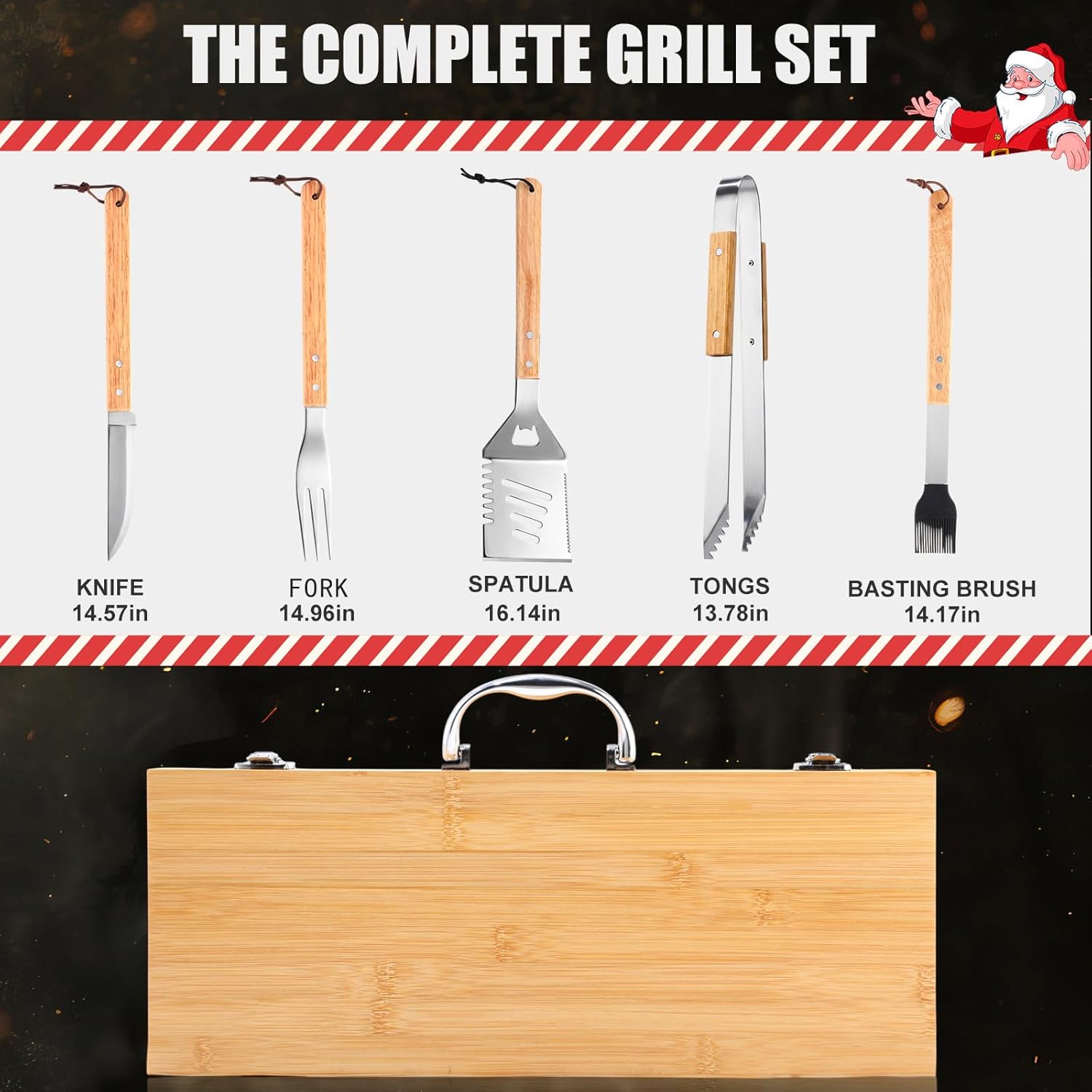 8 Pcs Dad Gifts from Daughter Son Men Grilling Birthday Gifts Heavy Duty Wooden Grilling Accessories BBQ Tools for Outdoor Grill with Wooden Case, Apron and Oven Mitts for Dad Men Husband