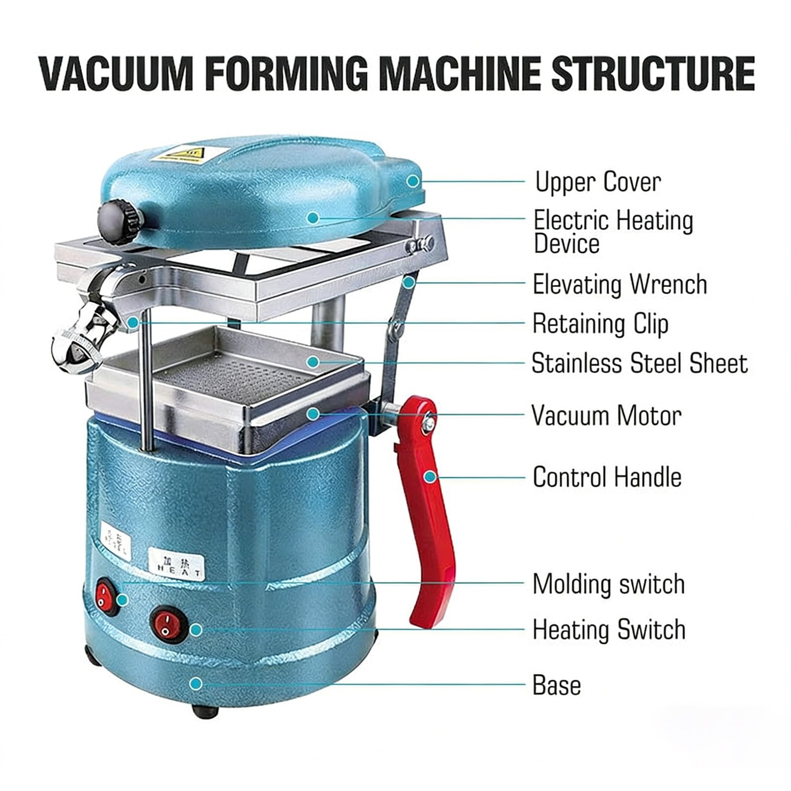 Vakuumformmaschine für Labor/1000W Dental Tiefziehgerät Edelstahl/Symmetrische Heizung/Molding von Gouttieres/Präzisions Laborzubehör/Robust/Effiziente Schienenformung