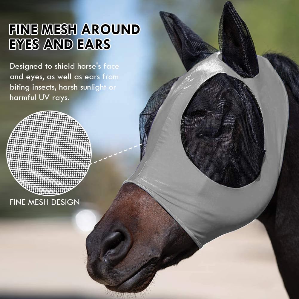 Máscara Antimoscas para Caballos, 1PCS Máscara de Mosca de Caballo con Orejeras,Gris Máscaras Faciales para Caballos Anti-UV, Malla Transpirable, máscara de Freno elástica. — view 6