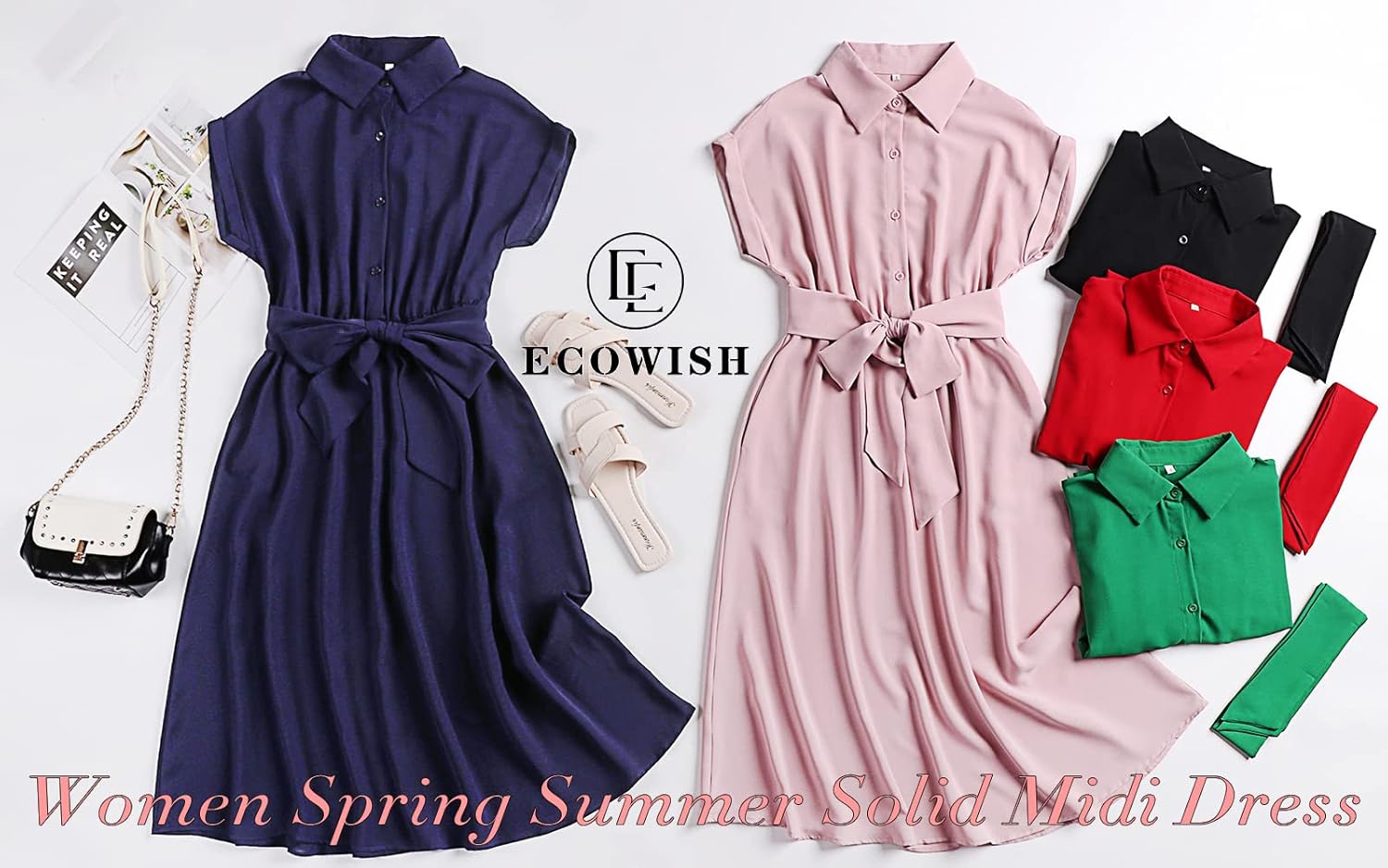ECOWISH Womens Casual Midi Dresses Solid V Neck Short Sleeve Button Shirt Belted Dress with Pockets for Spring Summer 2026
