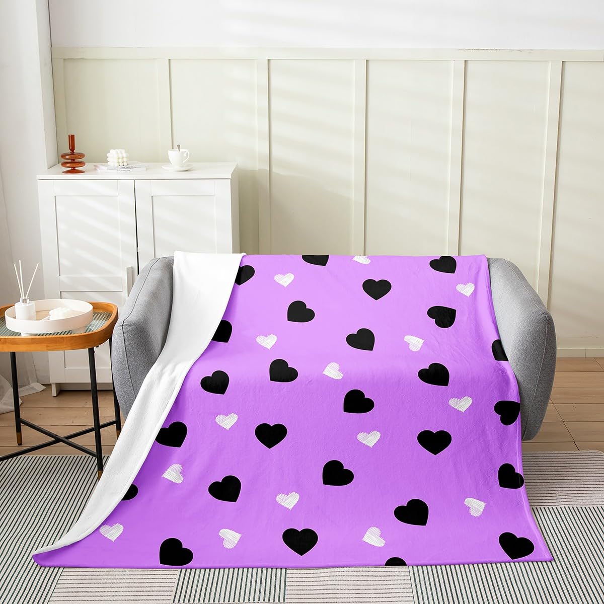 jejeloiu Twin 60"x80" Love Heart Fuzzy Blanket Toddler Purple Black White Flannel Fleece Throw Blanket Cute Heart Pattern All Season Bed Blanket
