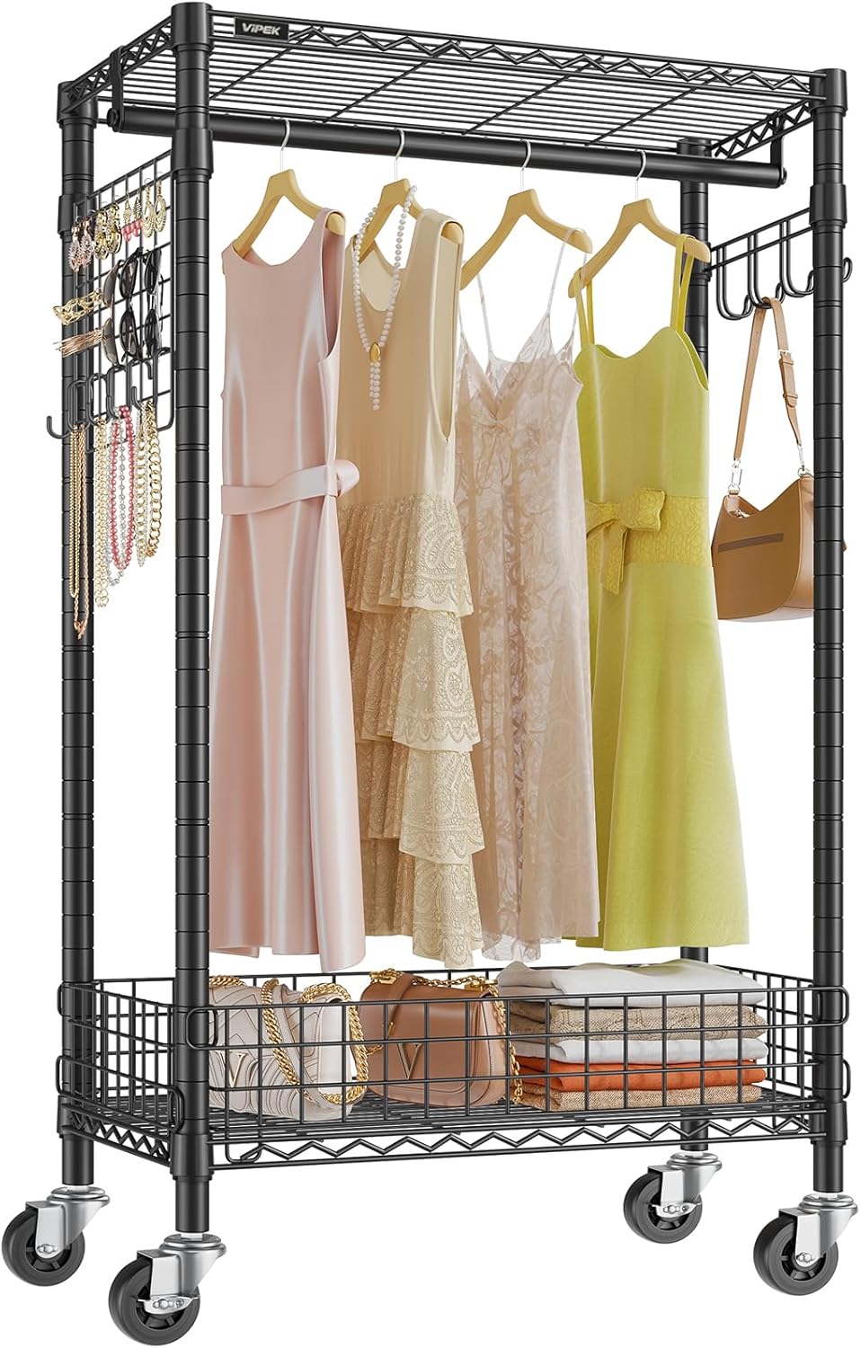 VIPEK R1 Rolling Clothes Rack with Jewelry Pegboards Organizer and Lockable Wheels Removable Baskets Heavy Duty Portable Closet Metal Garment Rack for Apartment Dorms Ideal Small Space Black