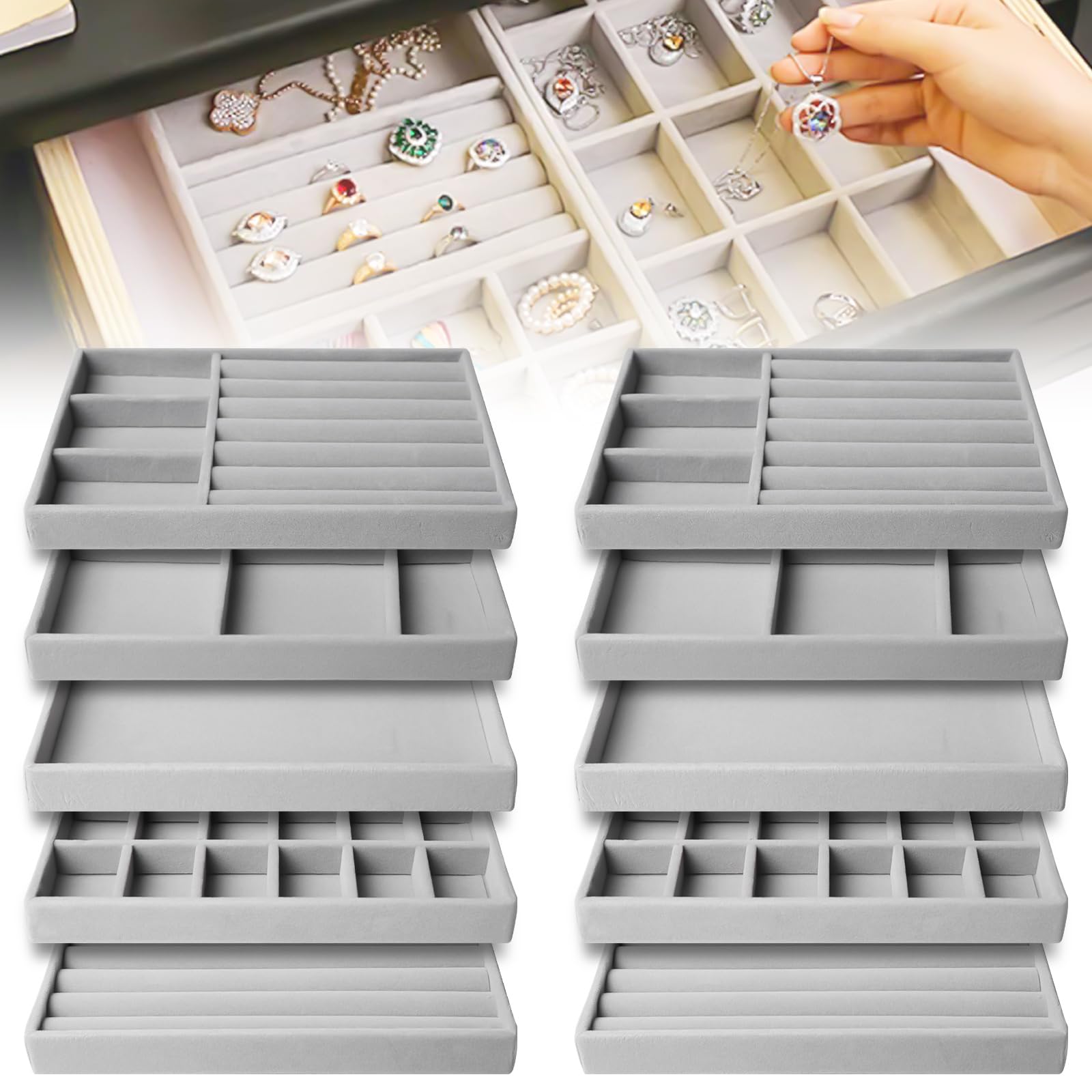 Plateau à bijoux empilable : 10 pièces organisateur de bijoux, tiroir de rangement pour bijoux, plateau à bijoux pour ranger et présenter, organisateur de bijoux pour colliers, bracelets, boucles
