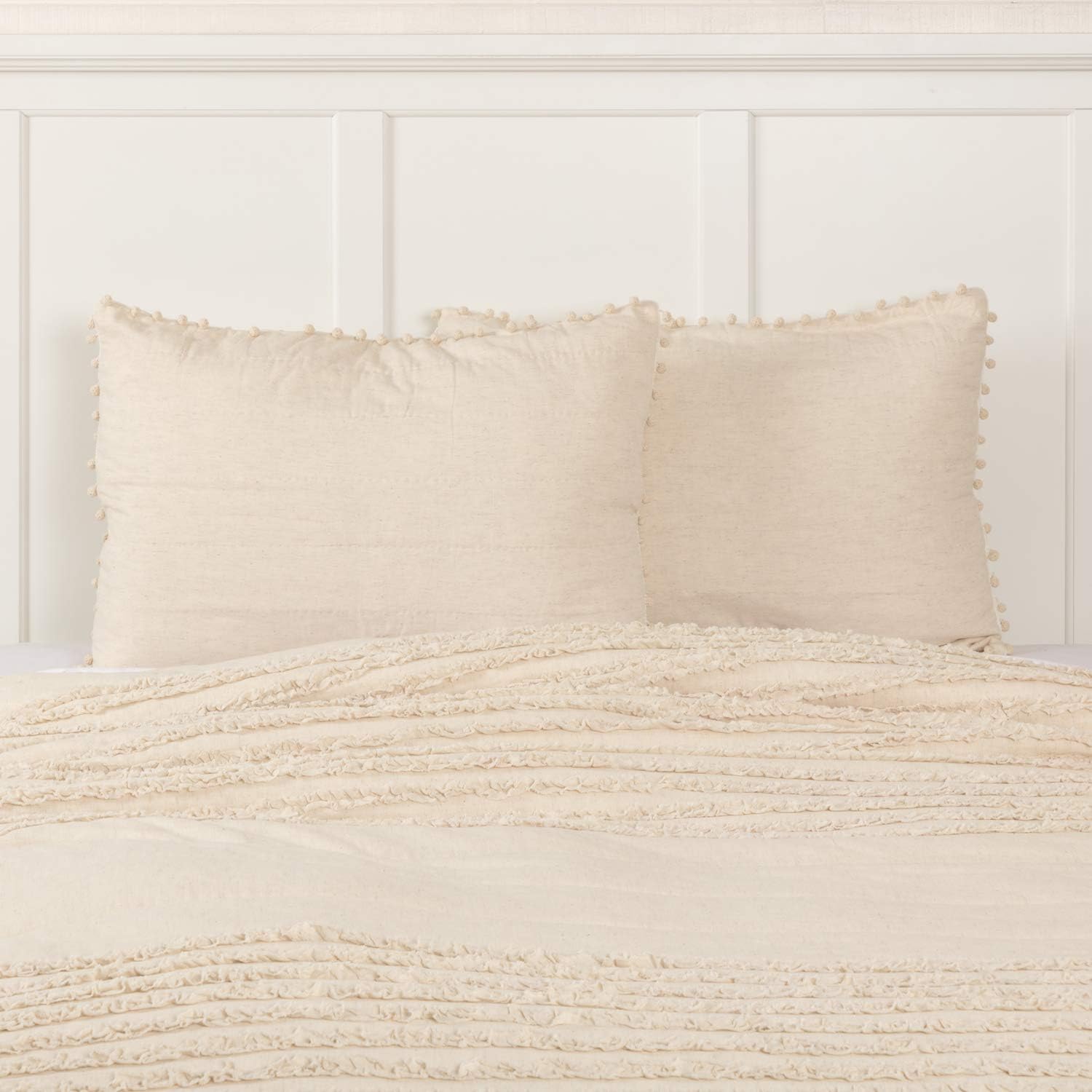 Piper Classics Olivia Standard Sham Bed Pillow Cover w/Macrame Pompoms, 21" x 27", Quilted, Natural Cream Linen/Cotton. Cottage, Boho, Vintage Farmhouse Bedding