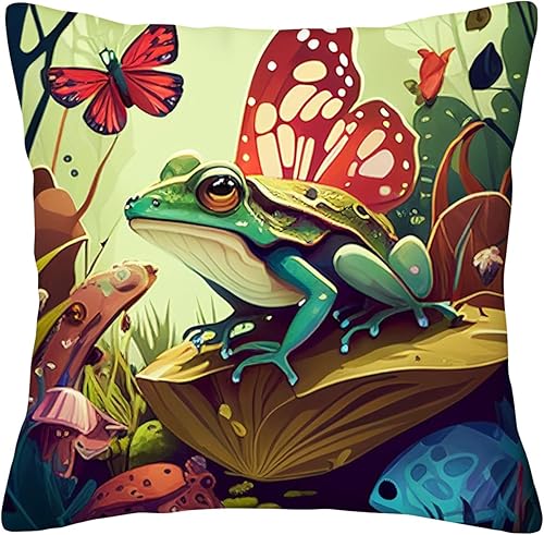 Yioniii Fundas de almohada estampadas con diseño de ranas y mariposas en el bosque, fundas de almohada decorativas para exteriores, 20 x 20