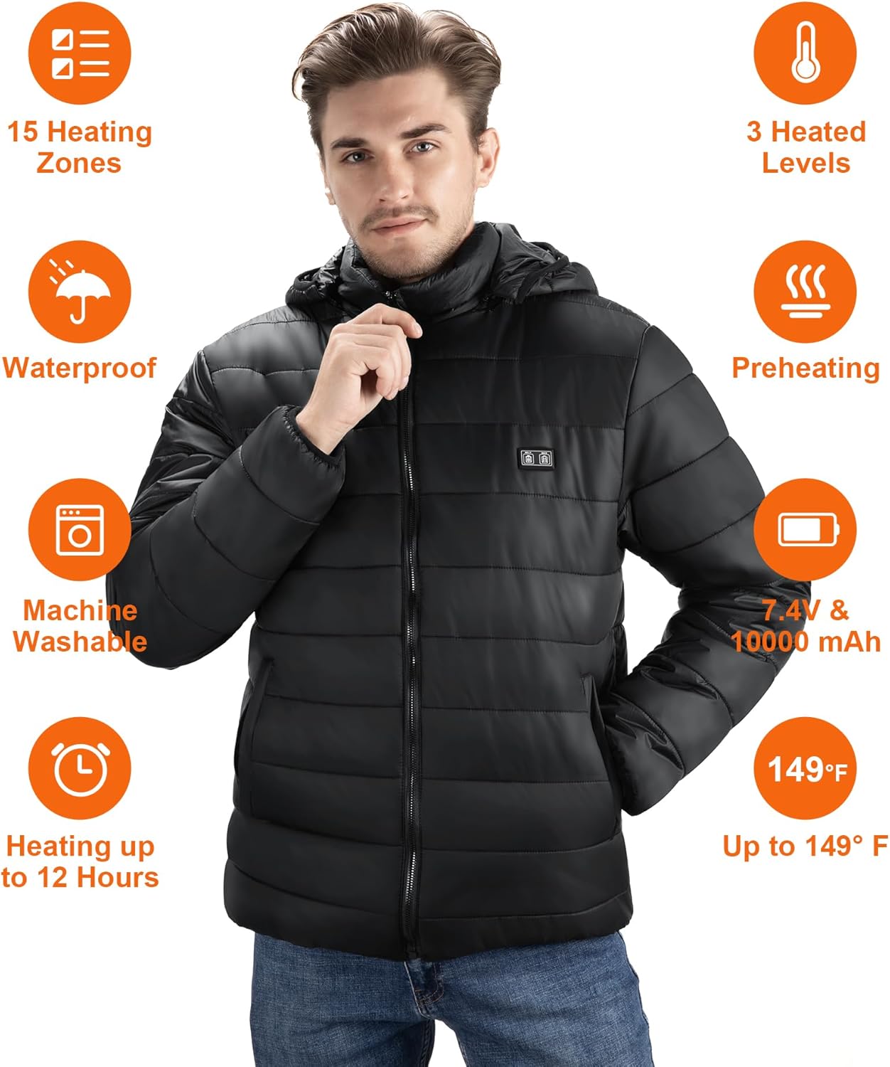 Heated Jacket for Men and Women, Black Winter Coat with Bαtterγ Pack,15 Heating Zone Heated Coat - Image 4