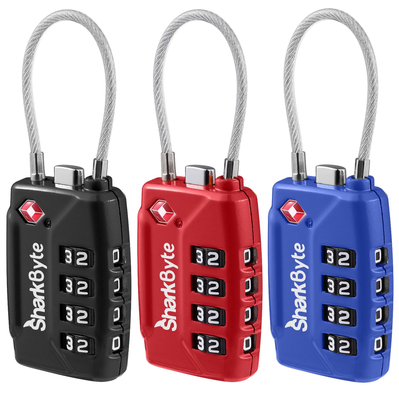 SharkByte TSA Approved Luggage Locks - 4-Digit Combo, (3 Pack) Flexible Wire Cable for Suitcases & Bags (10,000 Combinations)