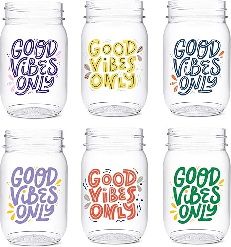 TOSSWARE POP - Tarros de 16 onzas juego de 6 piezas de plástico reciclable irrompible y transparente tarros Mason con impresión