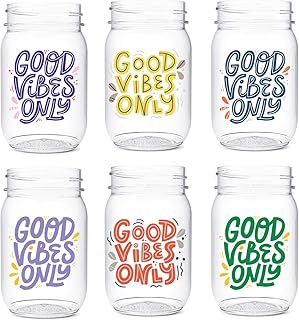 TOSSWARE POP 16oz Mason Good Vibes Only Series, SET OF 6, Recyclable, Premium Quality, Unbreakable & Crystal Clear Plastic Printed Mason Jars, good vibes vino