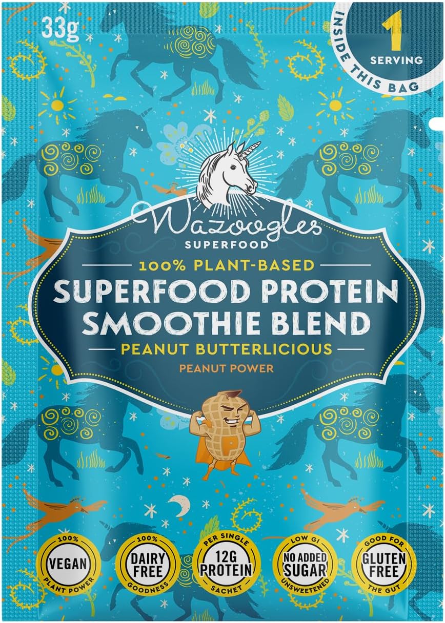 Wazoogles Superfood Protein Smoothie Blend – Peanut Butterlicious, 33g | Clean Ingredients | Gluten Free | No Added Sugar | 12g Protein Per Serving | Sustainably Sourced | Plant Based Protein