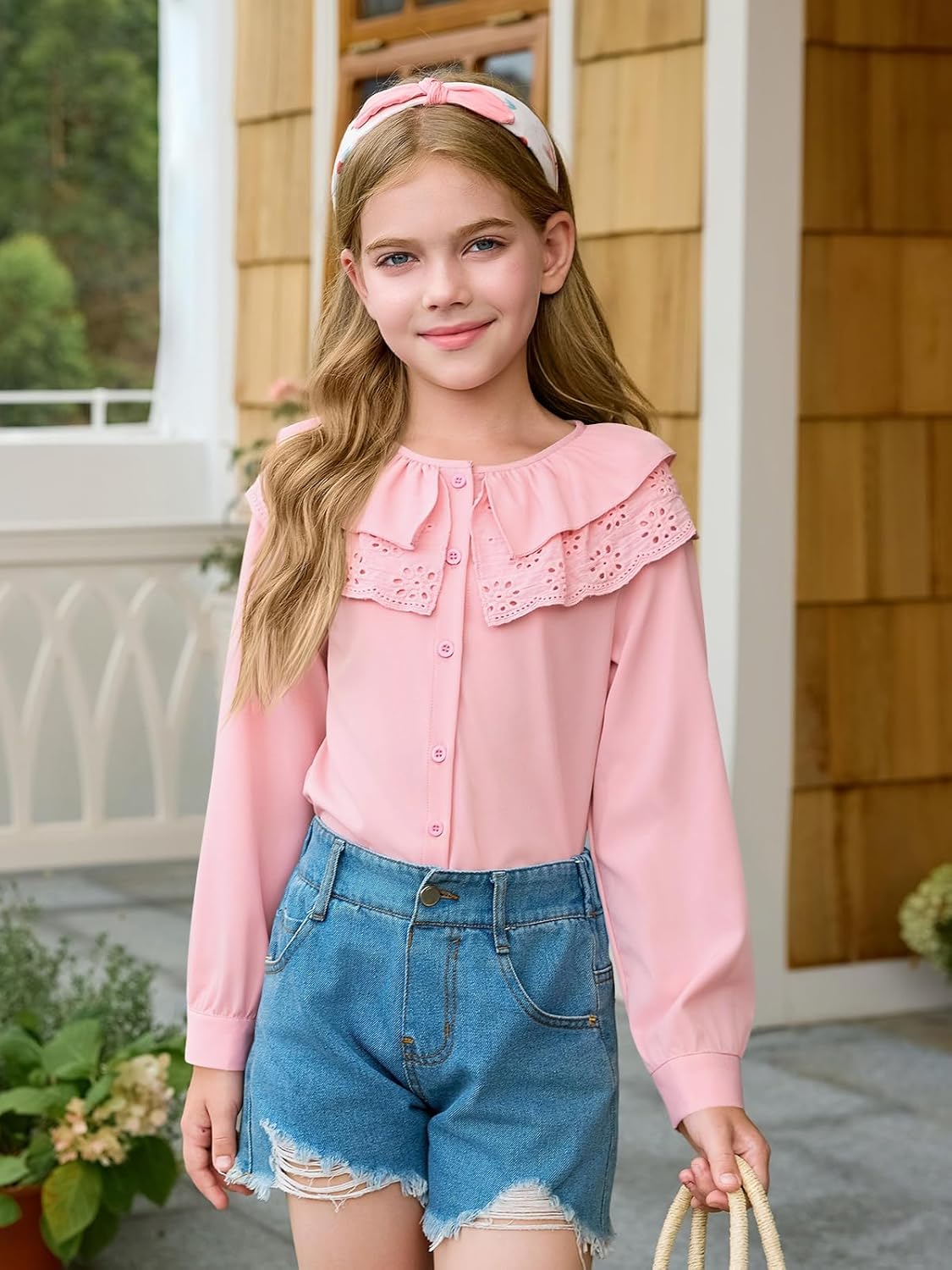 Girls Eyelet Ruffle Collar Blouse Kids Long Sleeve Button Down Shirt Cute Uniform Tops 5-14 Years - Image 2