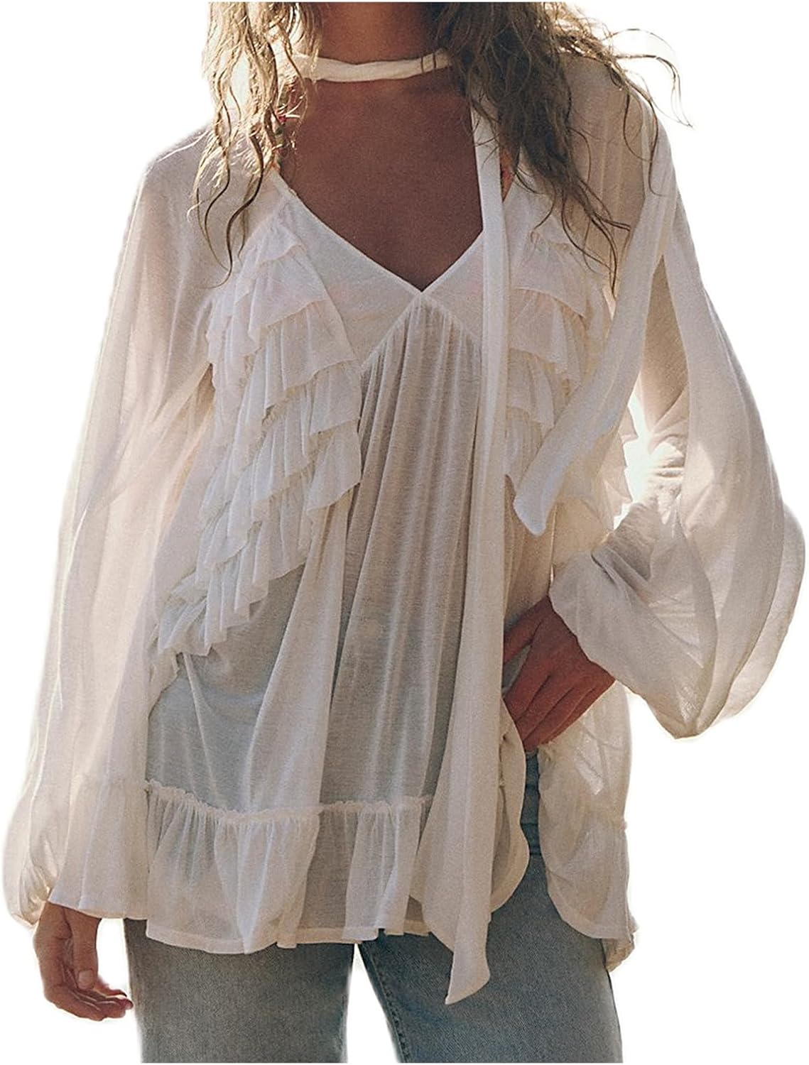 Women Sheer Loose Top Y2k V Neck Solid Color Poncho Tops Fairy Grunge Bat Sleeve Mesh Oversized Poncho Blouses