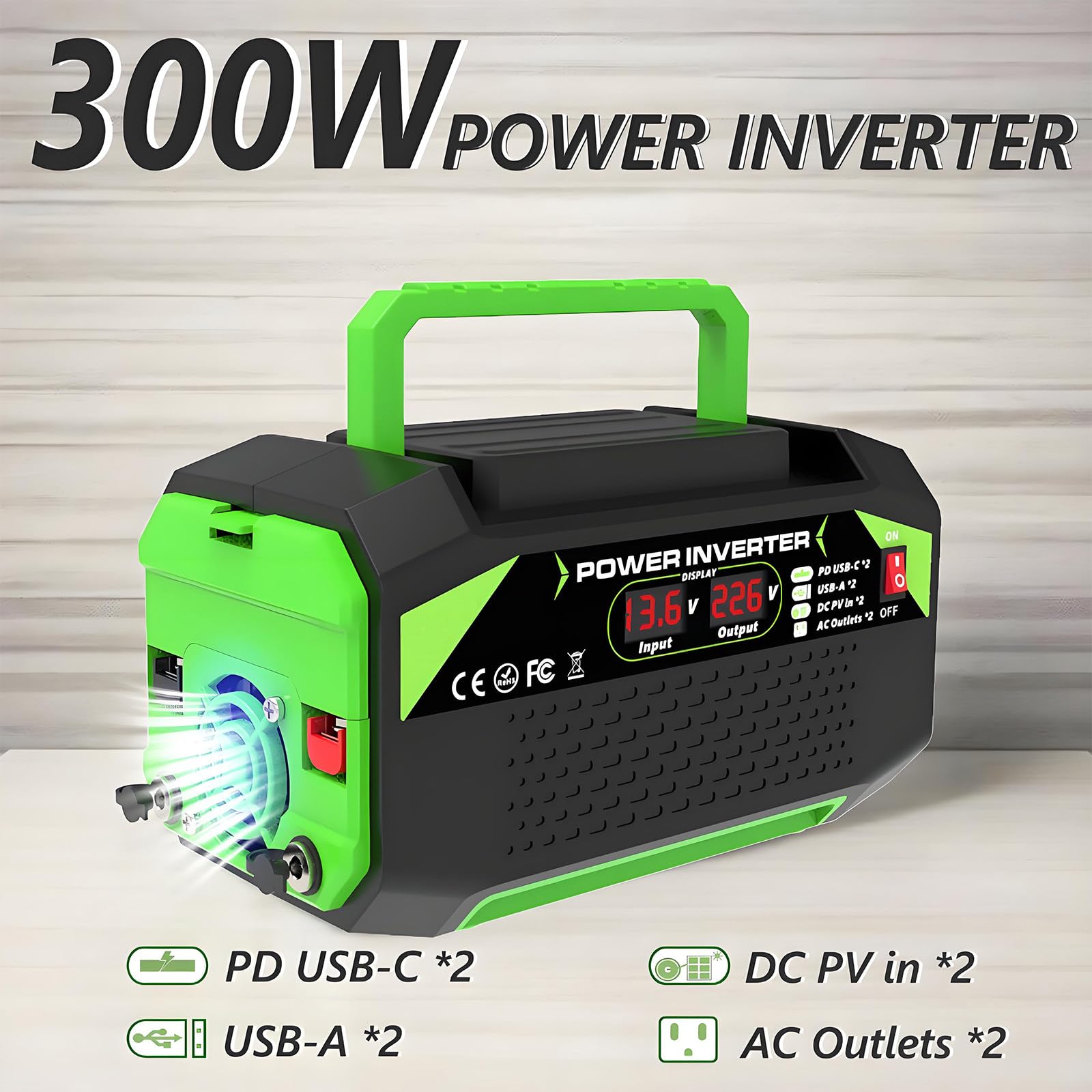 Falownik 300 W 12 V do 220 V Falownik samochodowy do systemów solarnych/domu/na zewnątrz/kampera/kempingu z 2 gniazdami AC, 2 USB, 2 typu C,300W-12V-to-220V