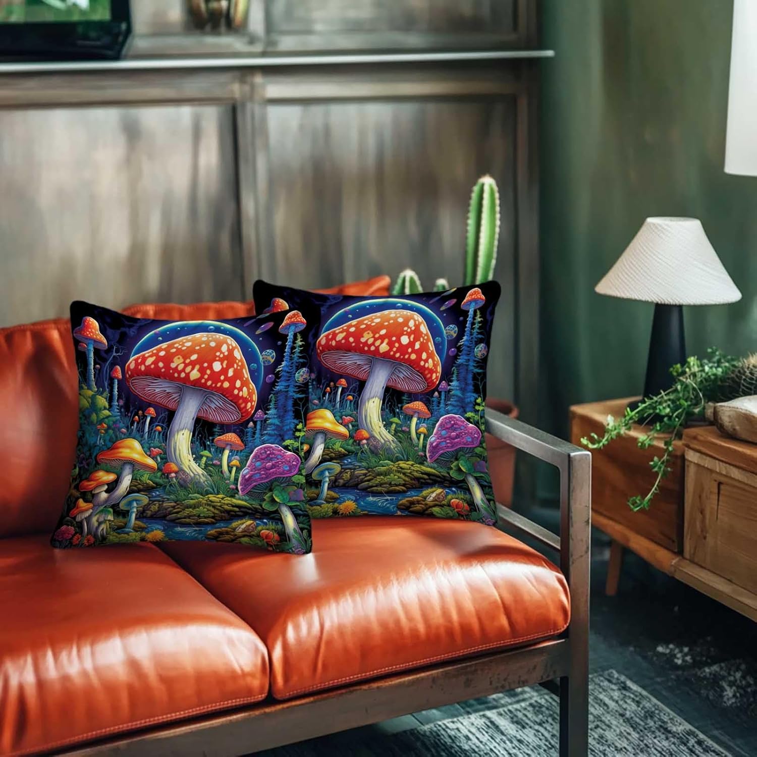 Mushroom Throw Pillow Covers 18x18 Set of 2, Hippie Decorative Square Cushion Cases for Sofa and Couch, All Seasons Pillowcases for Living and Bed Room - Image 5