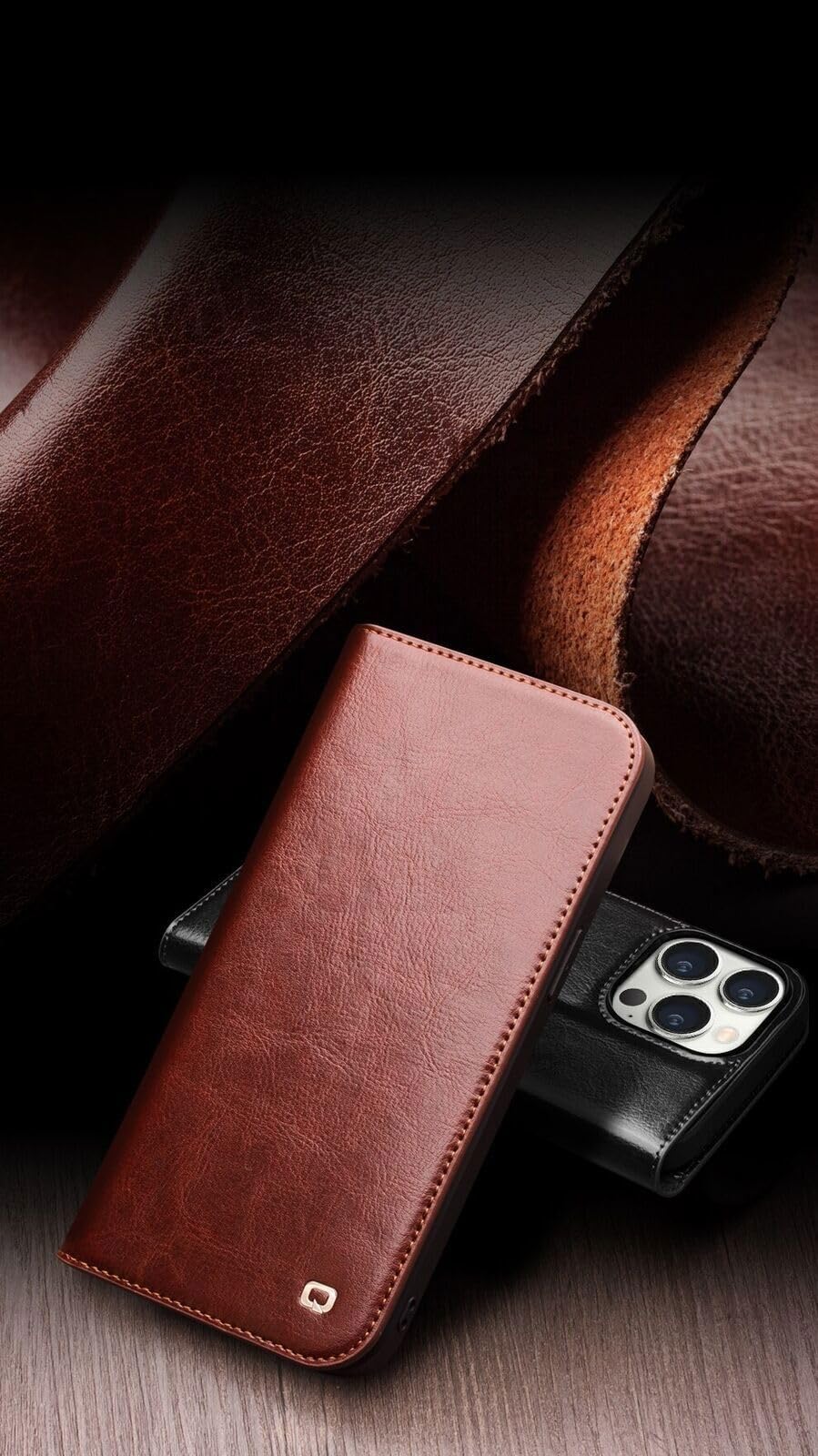 Generic Pour iPhone 14 Pro (couleur : marron) Étui à rabat magnétique en cuir véritable avec fentes pour cartes