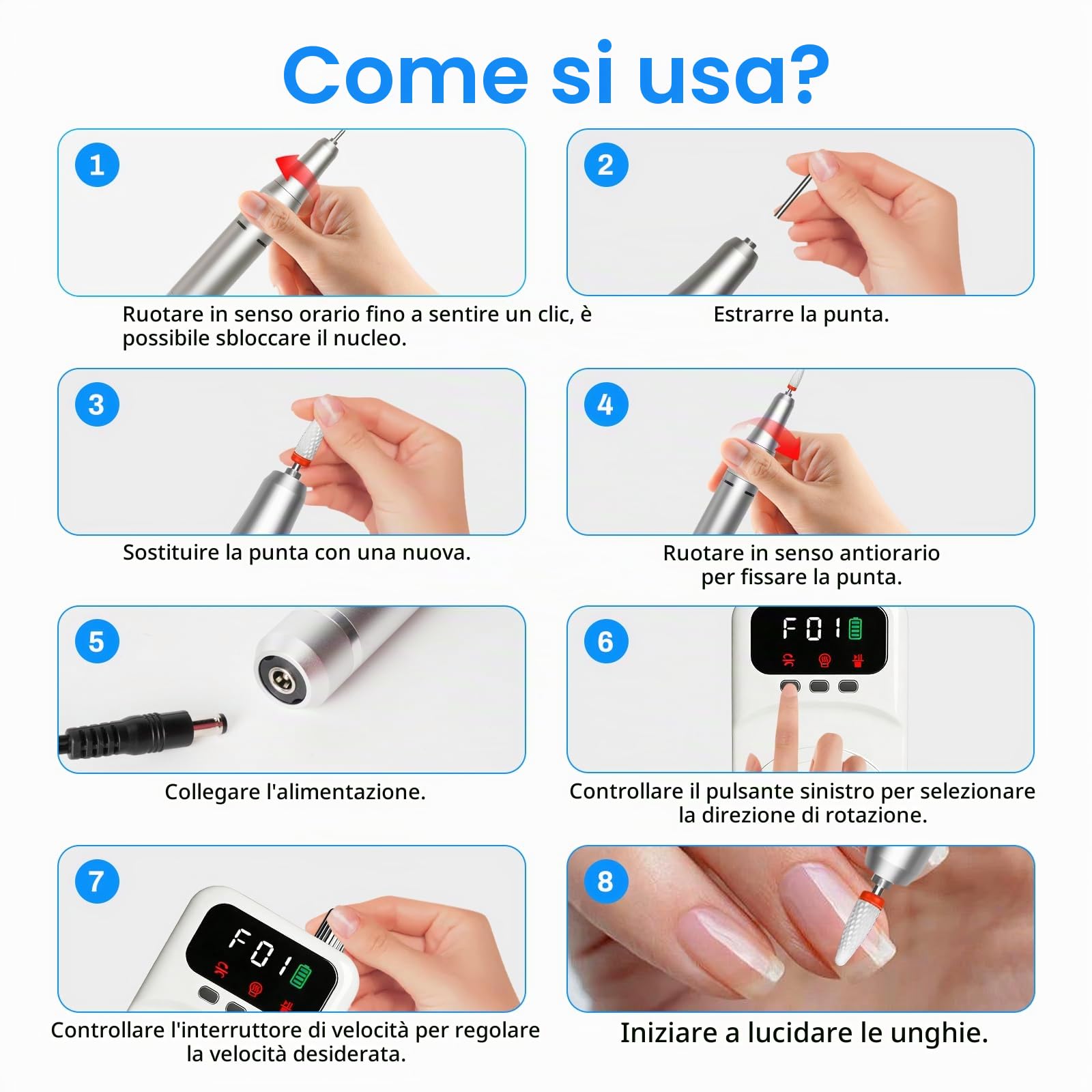 Fresa per Unghie Professionale, 12 in 1 Lima Elettrica per Unghie, Manicure e Pedicure Elettrico, 40000 RPM, Velocità Regolabile, Lima Per Unghie Elettrica per Casa e Salone